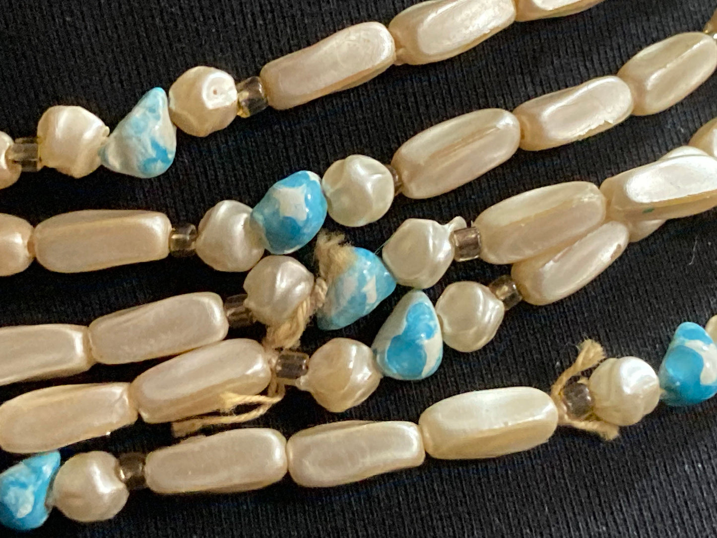 AF Signed HONG KONG Vintage 1960s multi strand blue cream plastic pearl beaded wide collar necklace