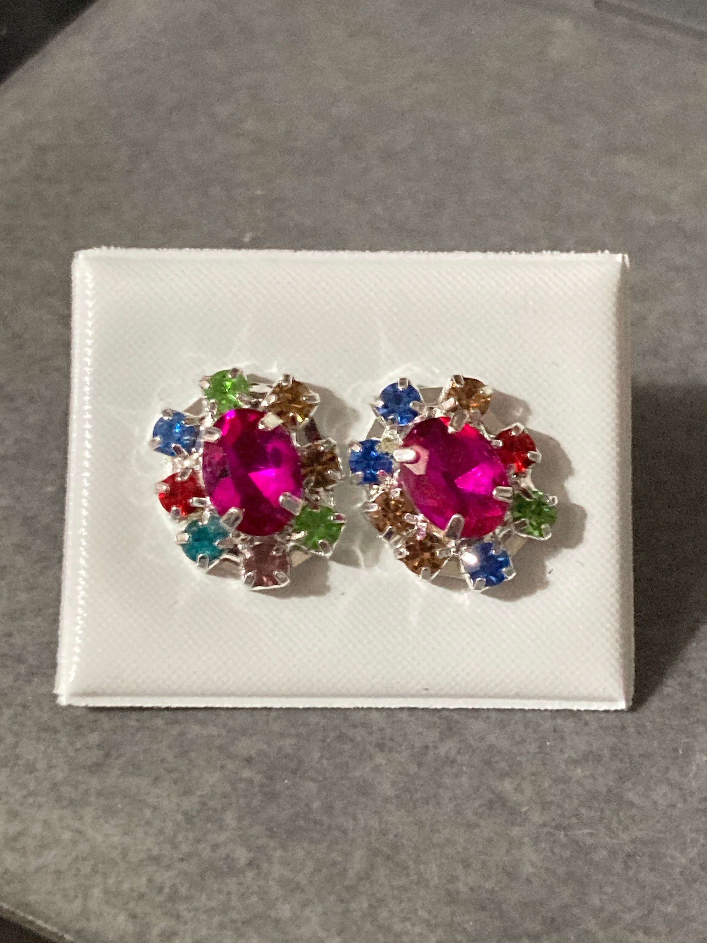 Retro diamanté earrings rhinestone bright hot pink and rainbow glass silver plated stud