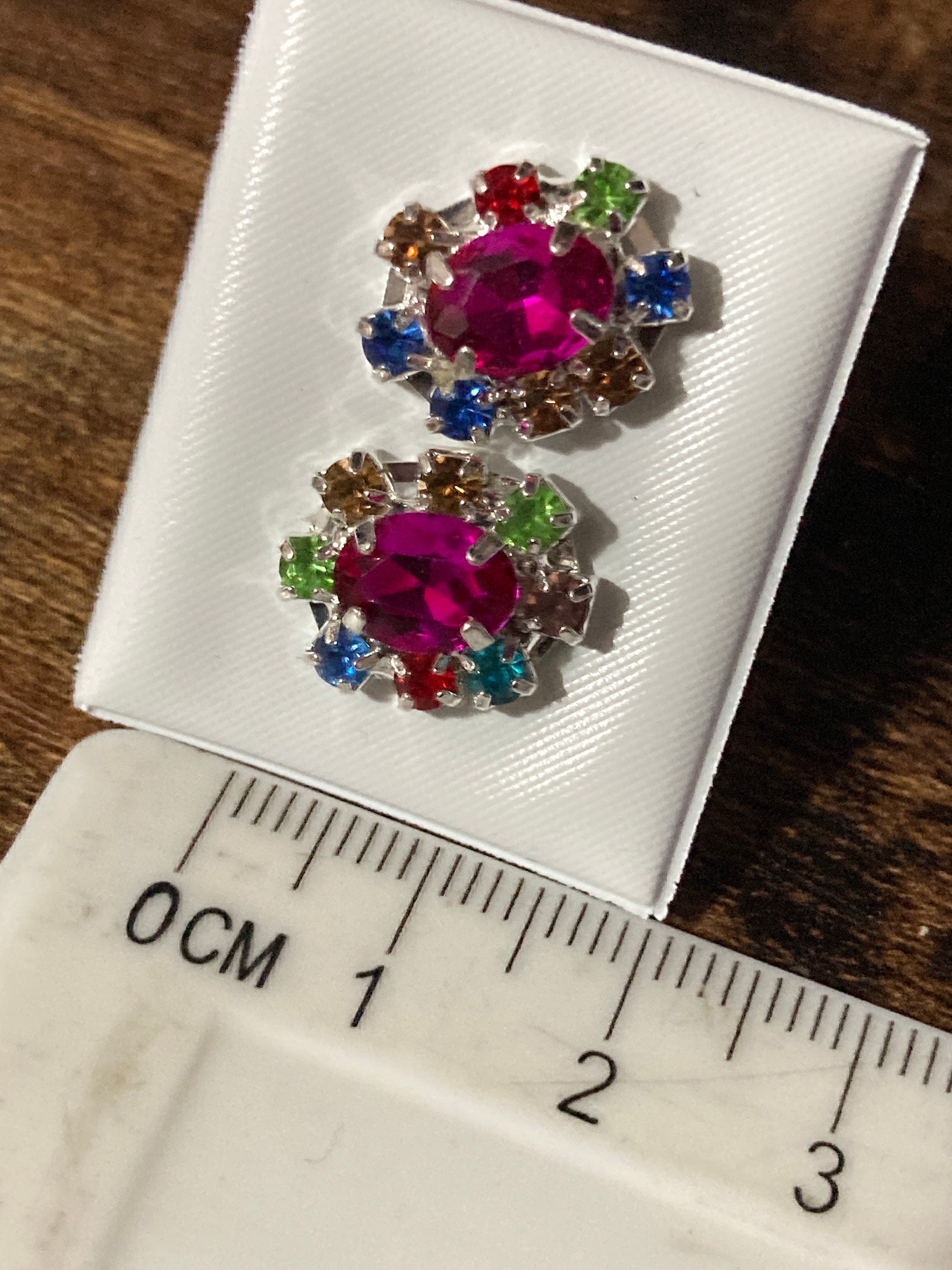 Retro diamanté earrings rhinestone bright hot pink and rainbow glass silver plated stud