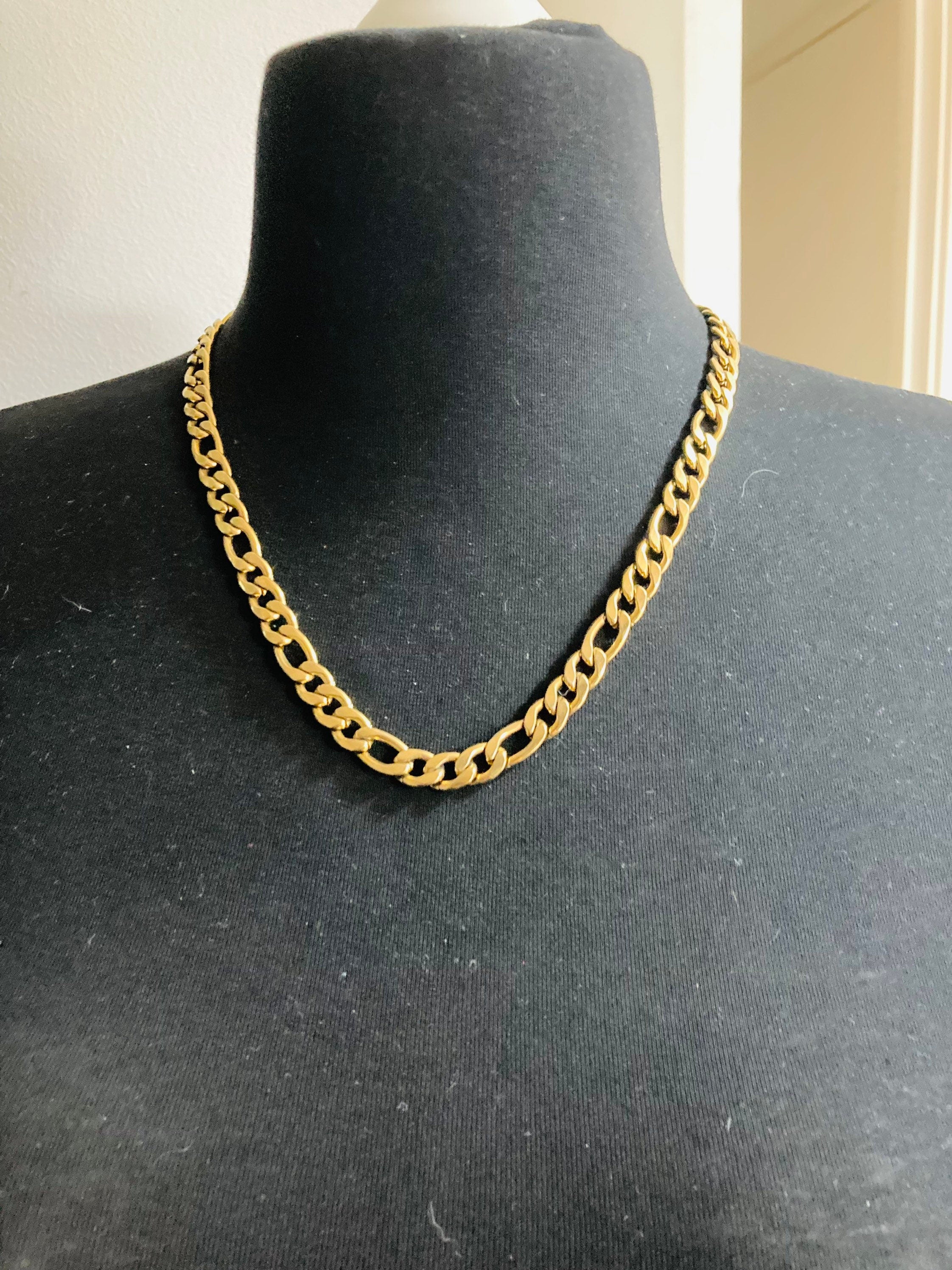 chunky heavy flat Figaro chain necklace 57cm unisex gold plated Vintage