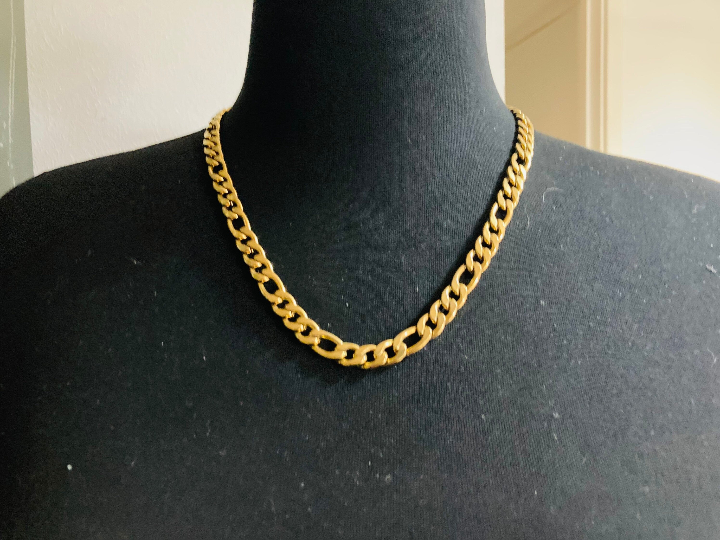 chunky heavy flat Figaro chain necklace 57cm unisex gold plated Vintage