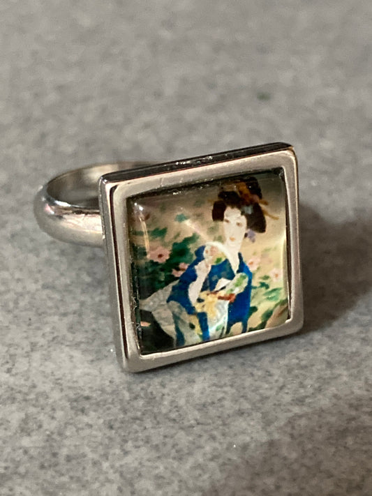 Japanese geisha girl ring adjustable blue stainless steel