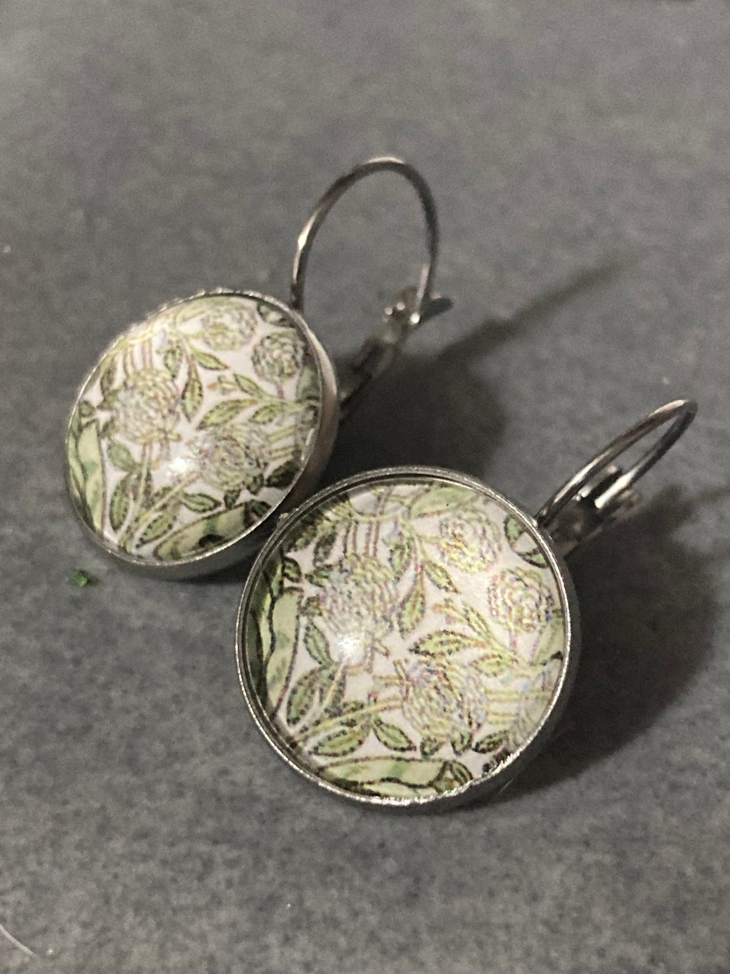William Morris willow print earrings 18mm round glass cabochon 3cm drop green