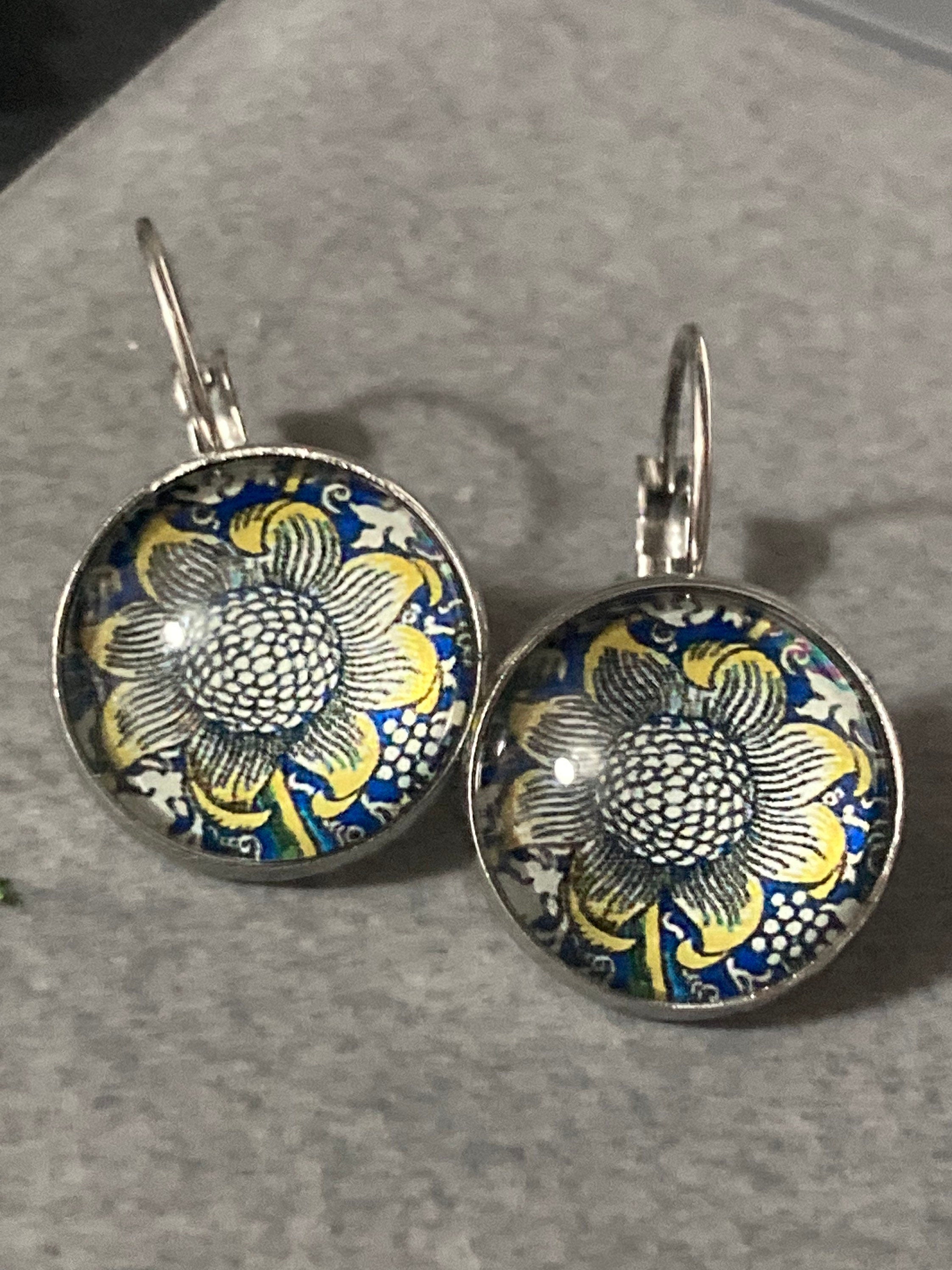 William Morris yellow blue print earrings round glass cabochon 3cm dangly silver plated