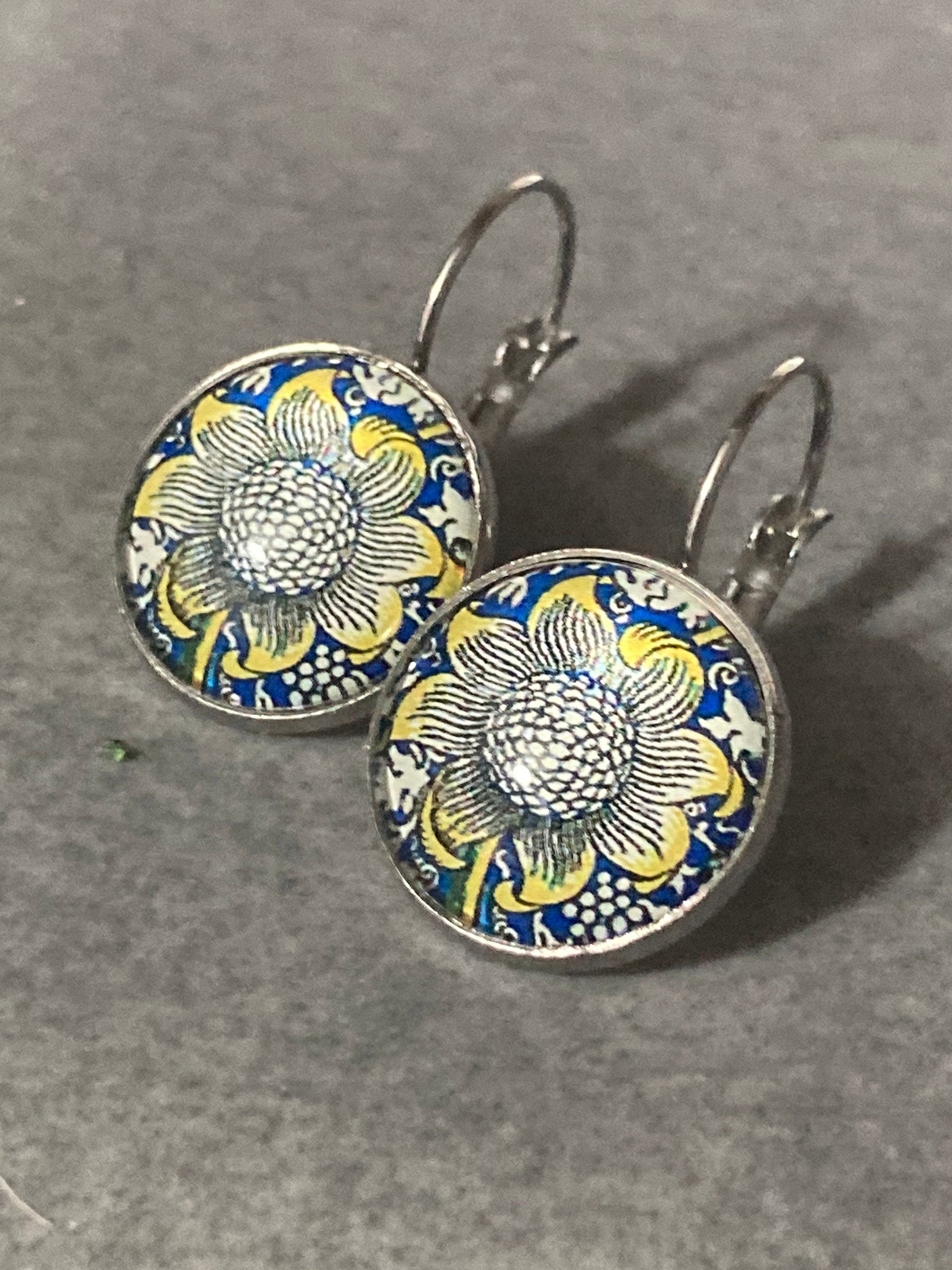 William Morris yellow blue print earrings round glass cabochon 3cm dangly silver plated