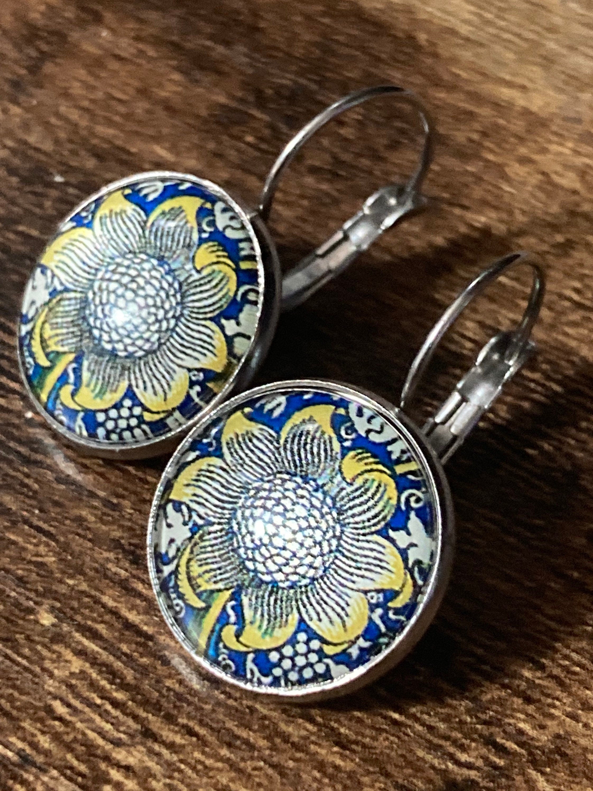 William Morris yellow blue print earrings round glass cabochon 3cm dangly silver plated