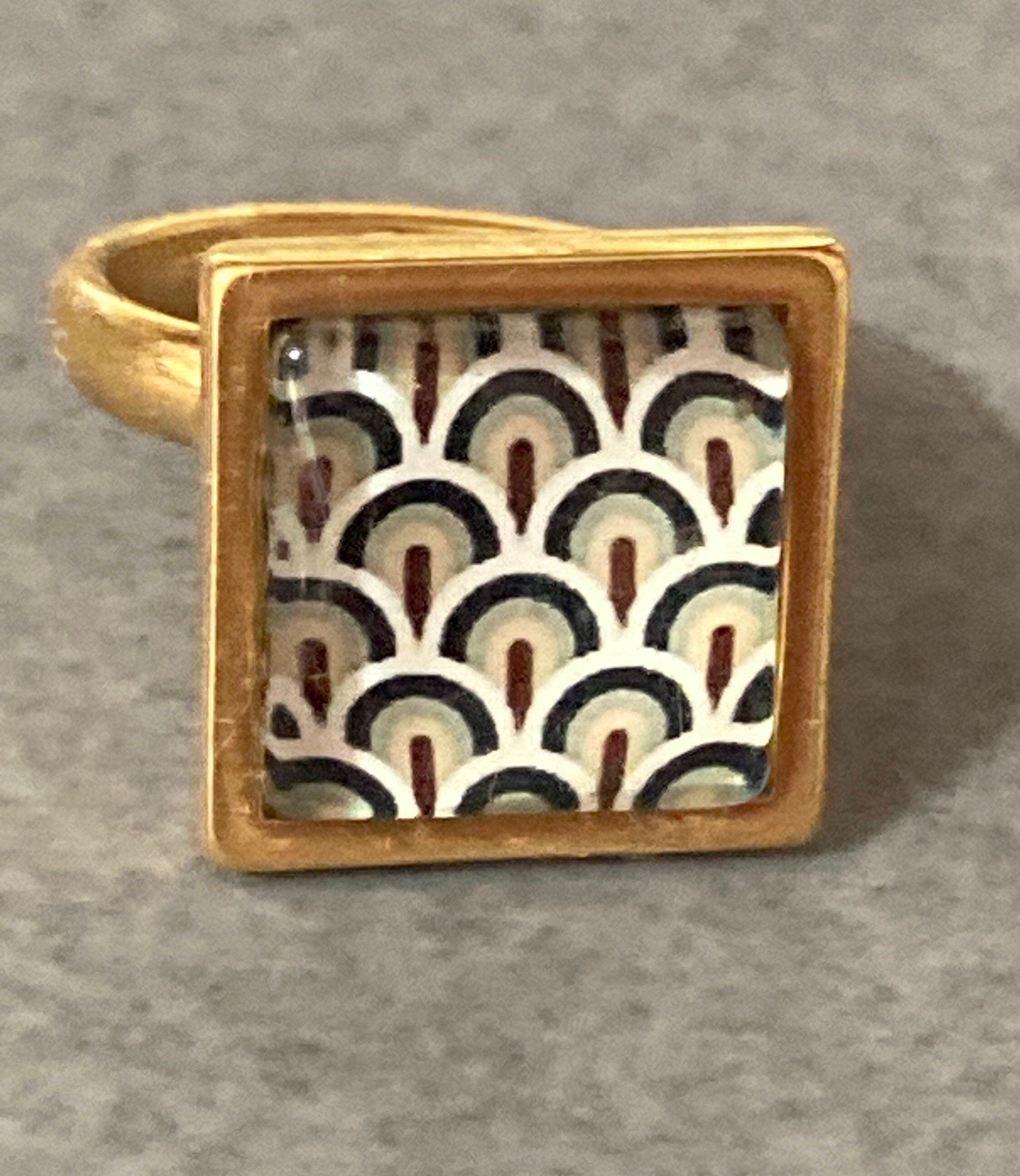 Art Deco print dress ring 14mm square black gold geometric design handmade gold tone adjustable