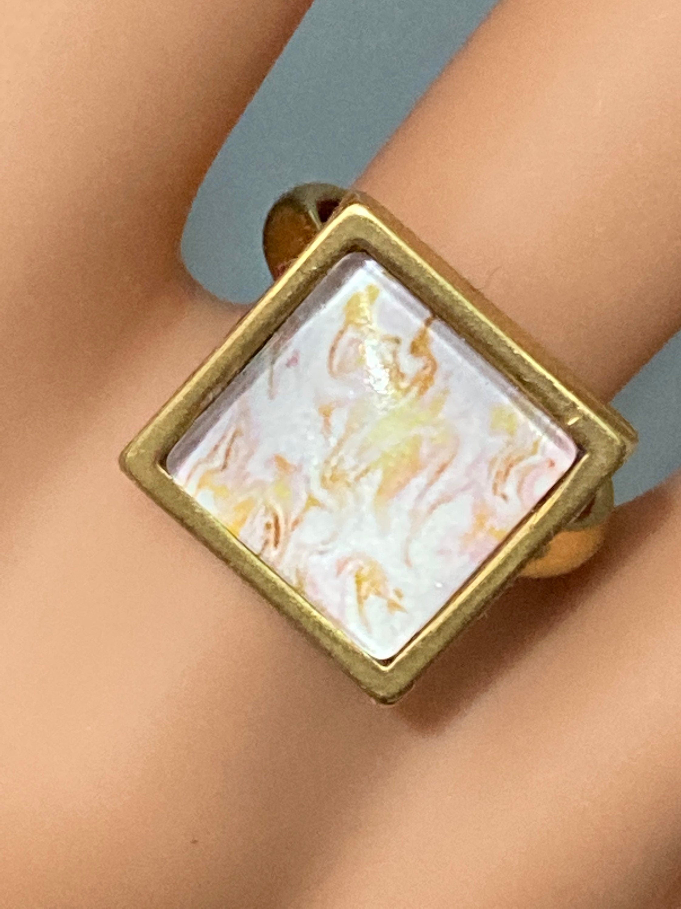 Pink and gold marble dress ring 14mm square gold tone square glass cabochon