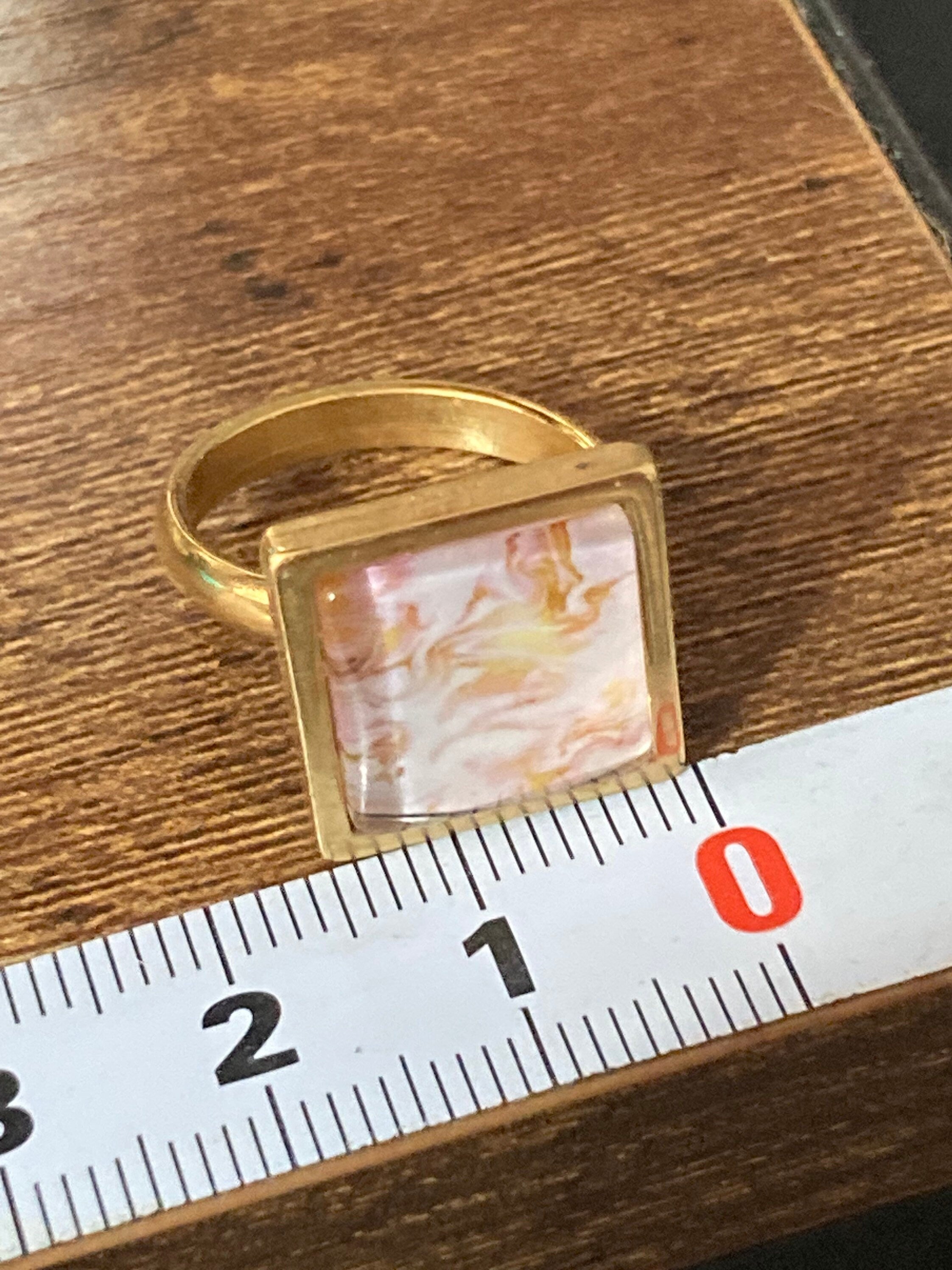 Pink and gold marble dress ring 14mm square gold tone square glass cabochon