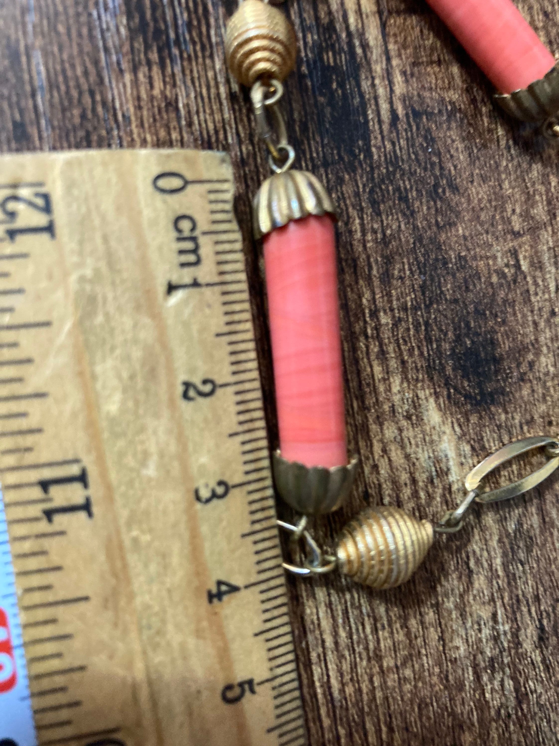 ceramic gold tone coral pink beaded flapper length station necklace 140cm long