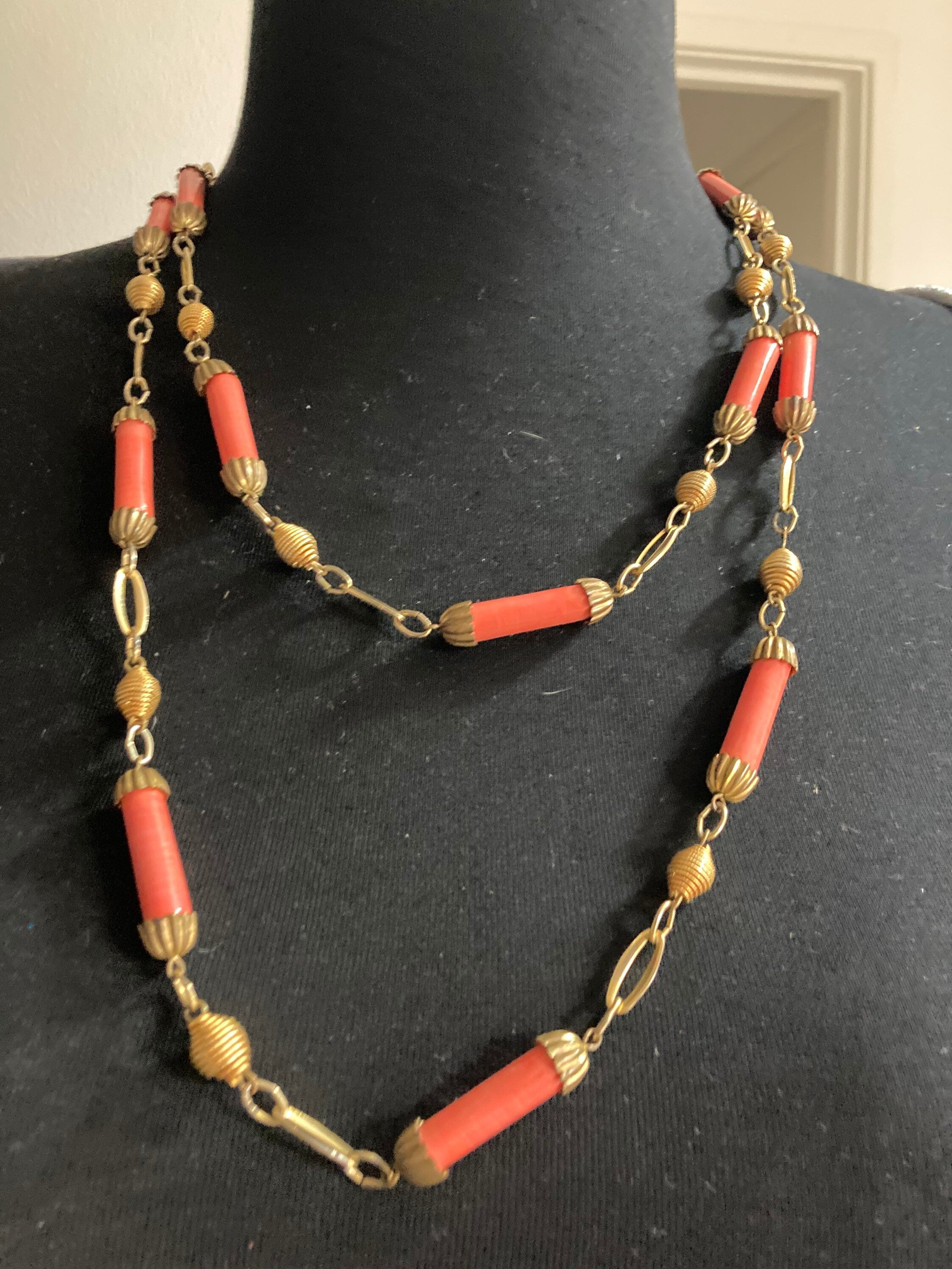 ceramic gold tone coral pink beaded flapper length station necklace 140cm long