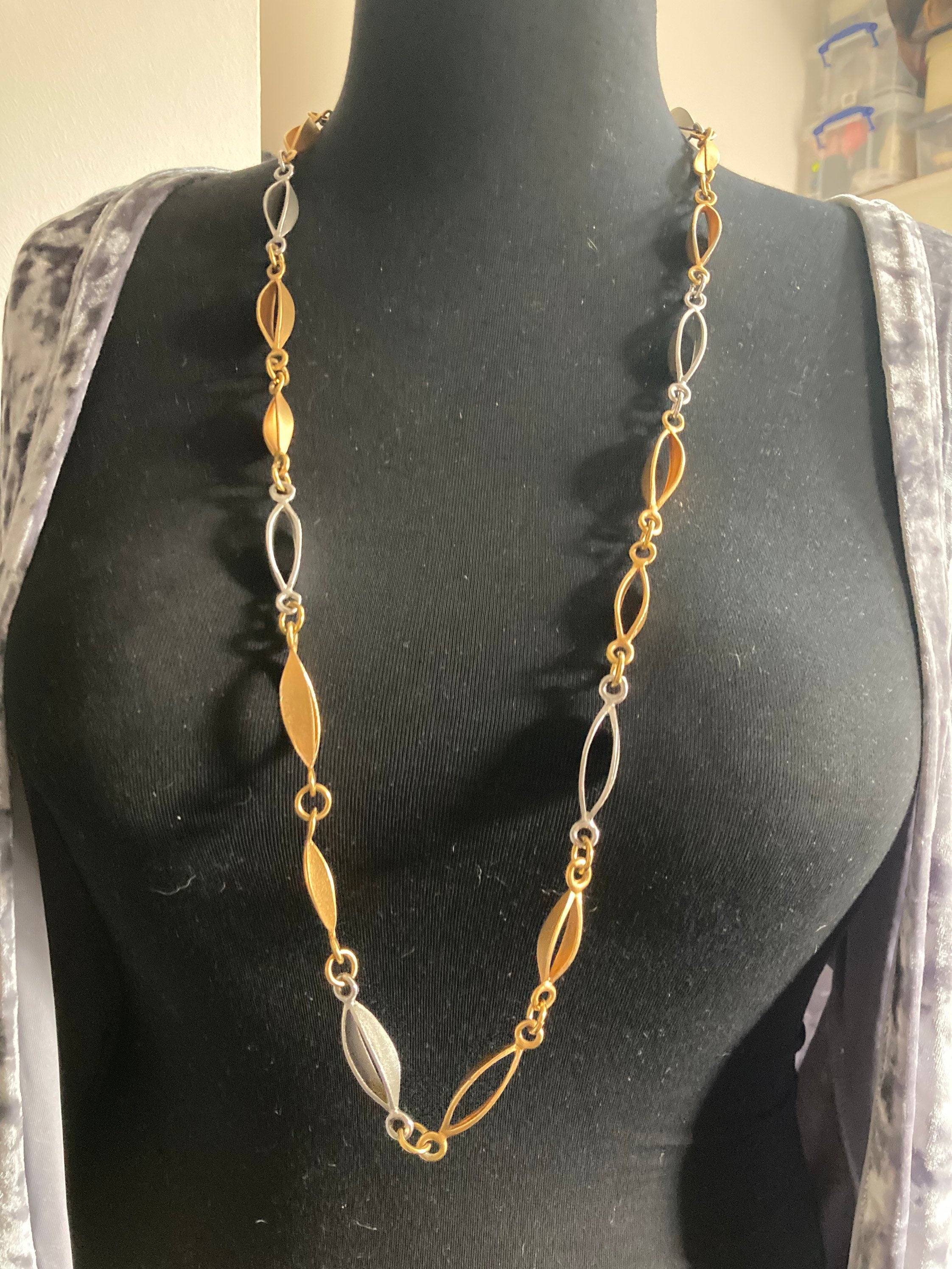 silver & gold tone chunky chain link flapper length necklace long chain 100cm