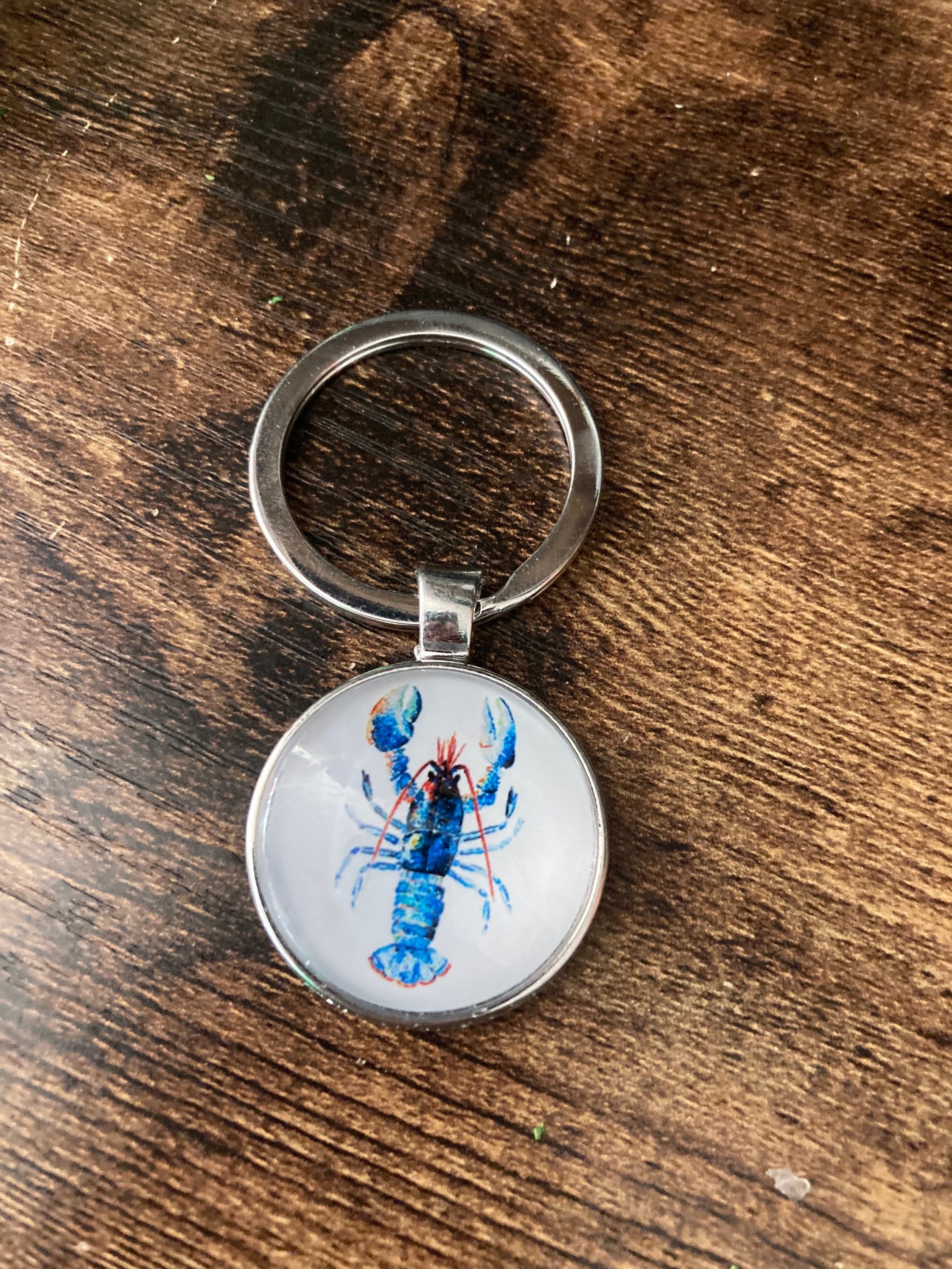 nautical blue lobster silver tone keyring glass cabochon