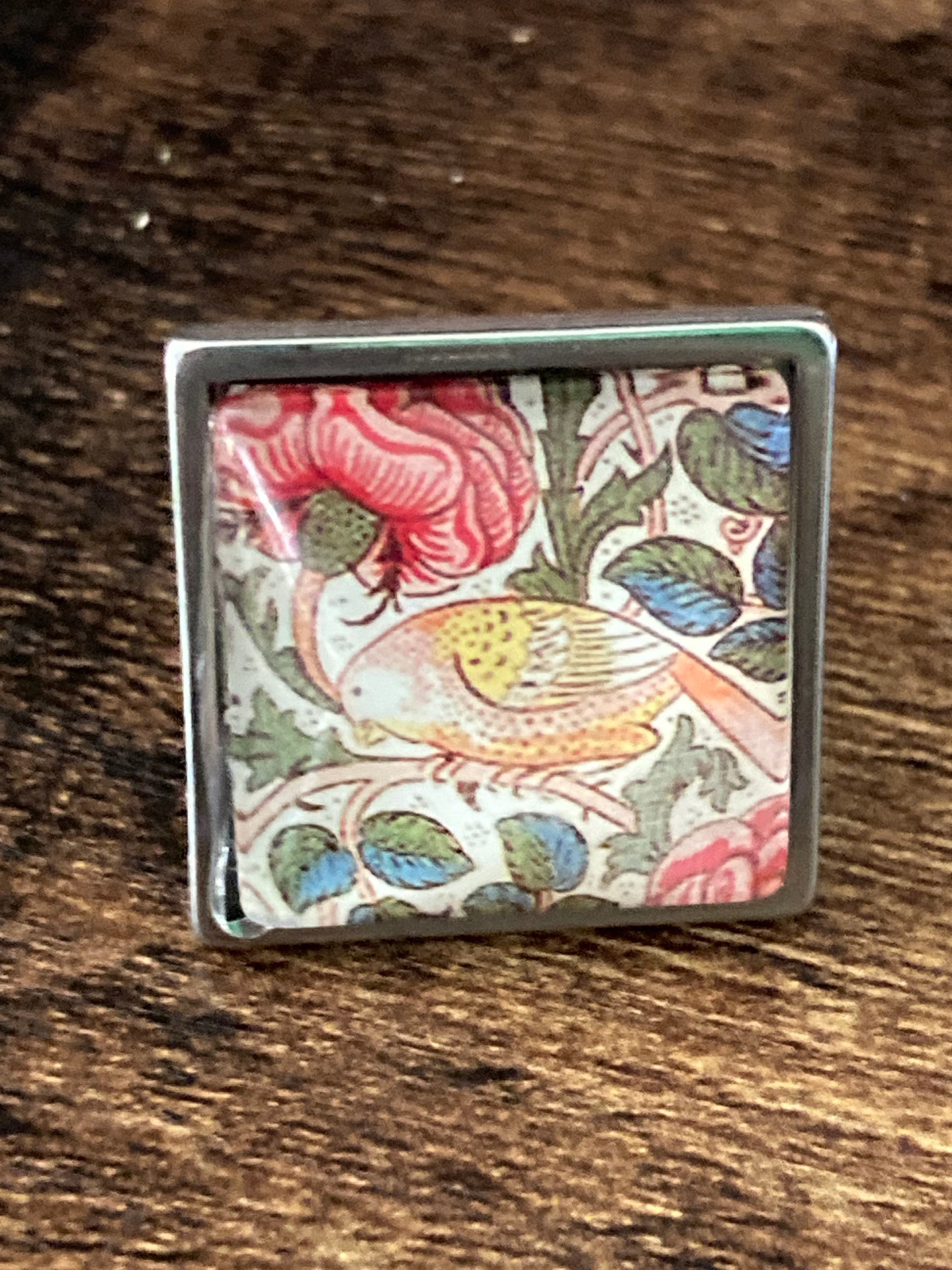 William Morris ring blue Orange cray design 2cm square glass cabochon