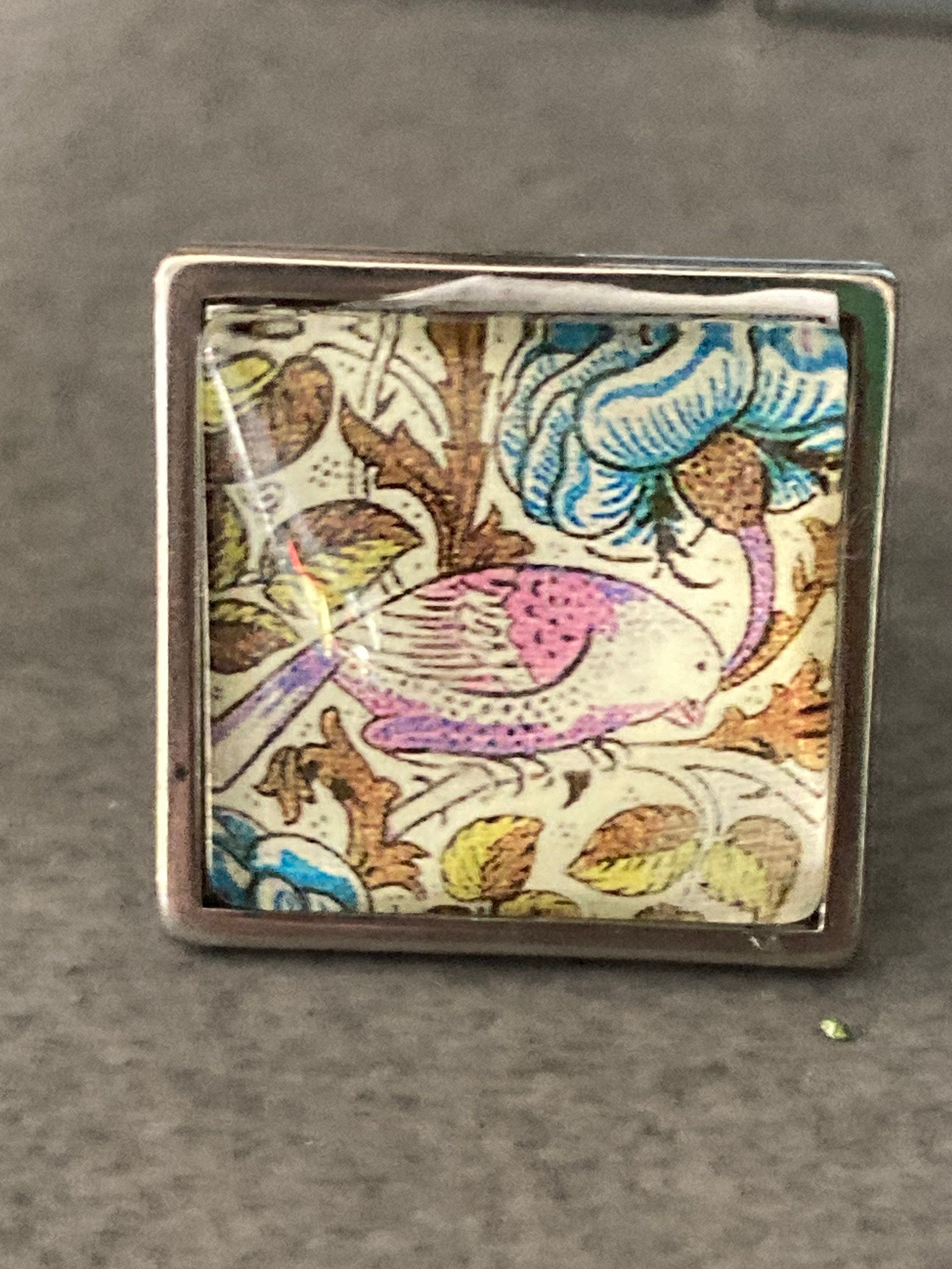 William Morris blue Orange cray design ring 2cm square glass cabochon adjustable