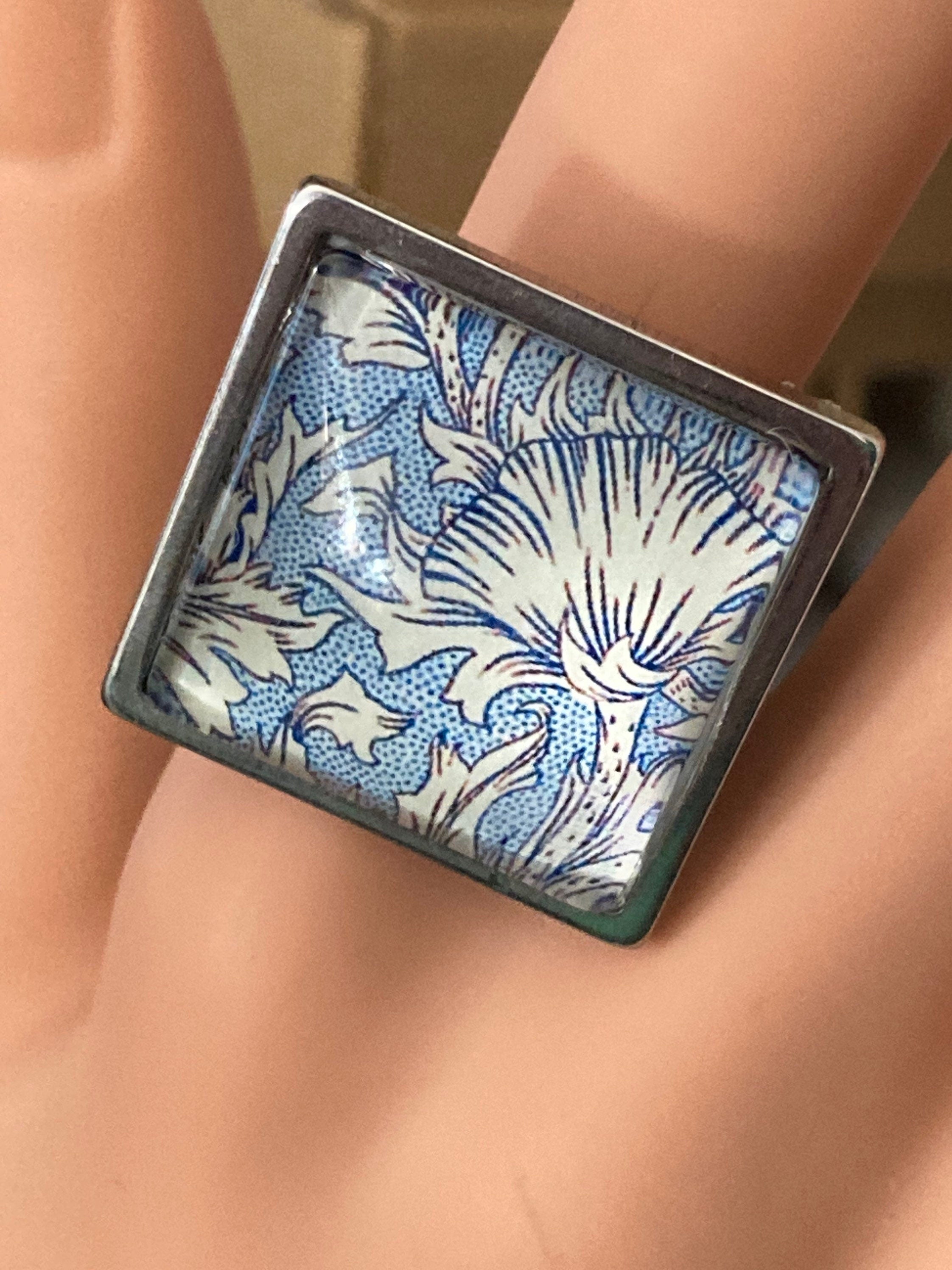 William Morris ring blue Orange cray design 2cm square glass adjustable art nouveau style