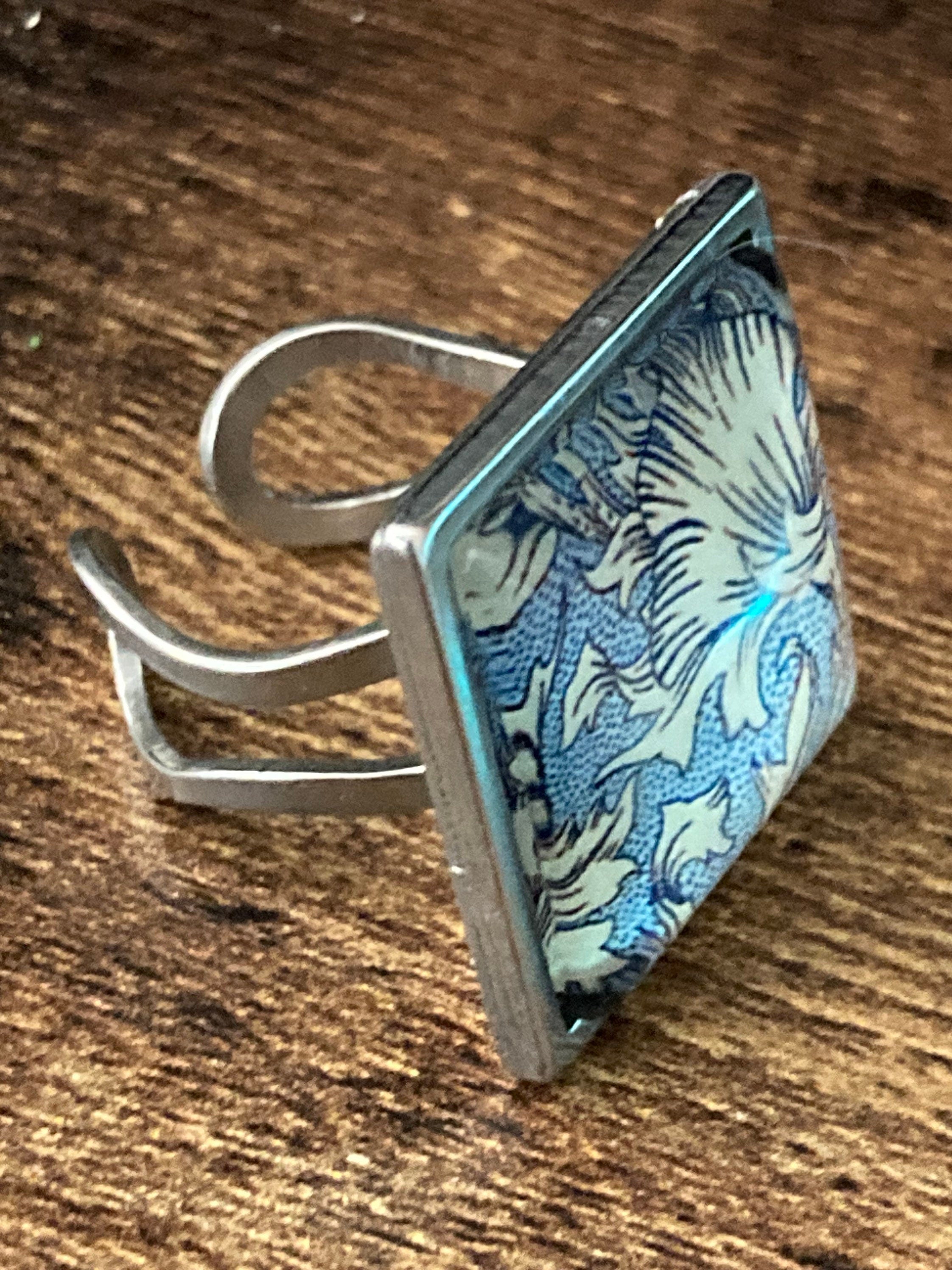 William Morris ring blue Orange cray design 2cm square glass adjustable art nouveau style