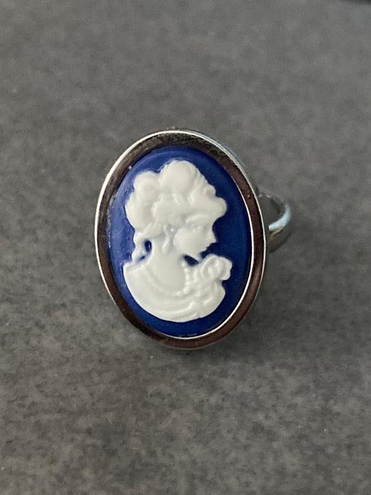 blue resin cameo lady ring adjustable non tarnish stainless steel