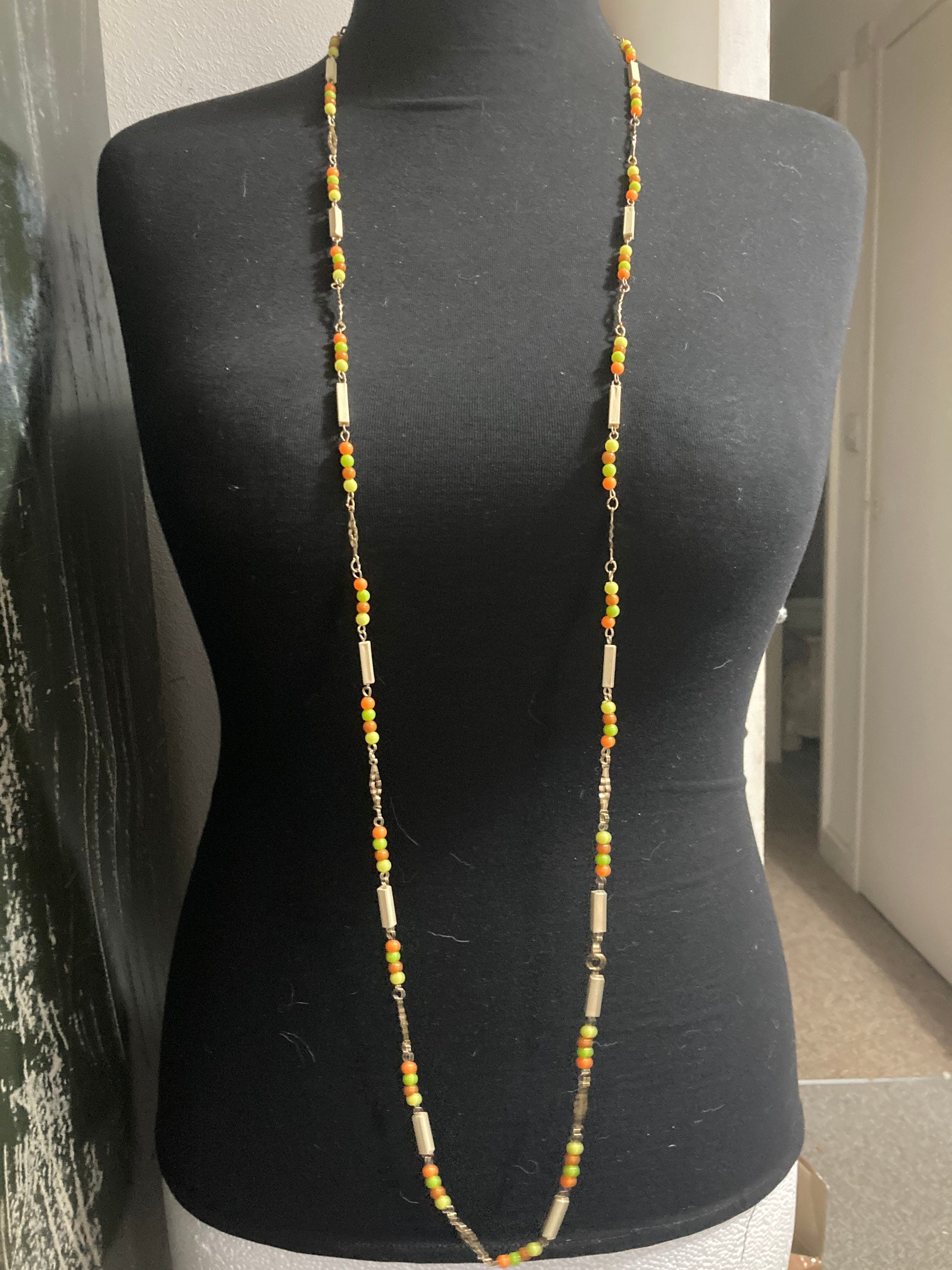 beaded flapper necklace bright orange and yellow plastic beads 140cm