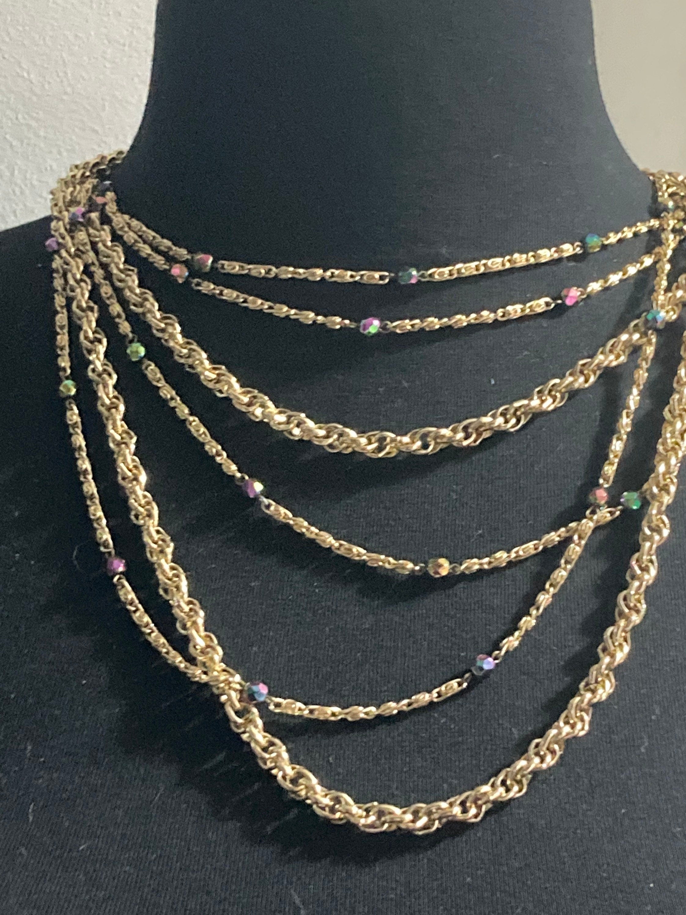 gold tone black glass beaded multi strand necklace adjustable to 52cm