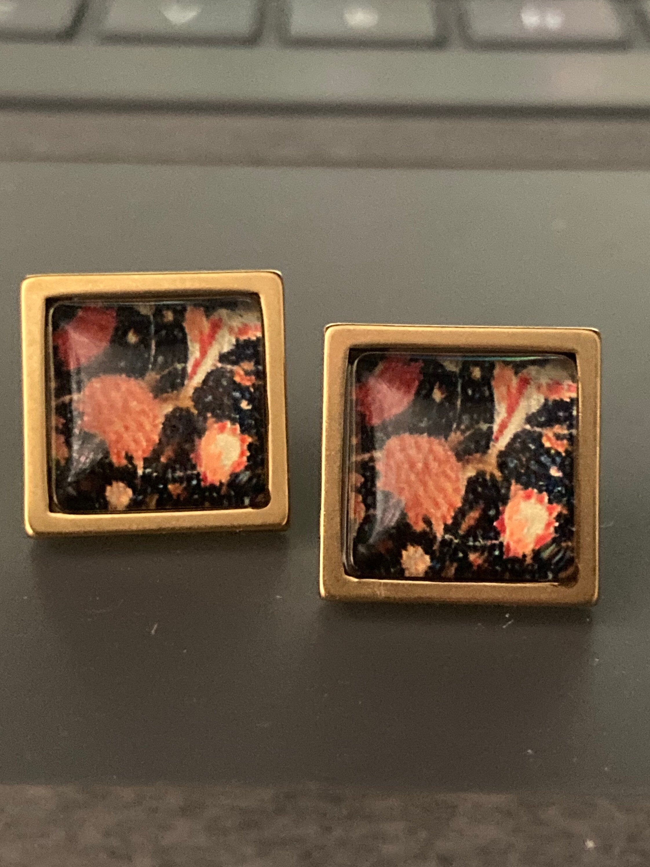 William Morris print floral tile stud earrings Handmade gold tone square glass tile