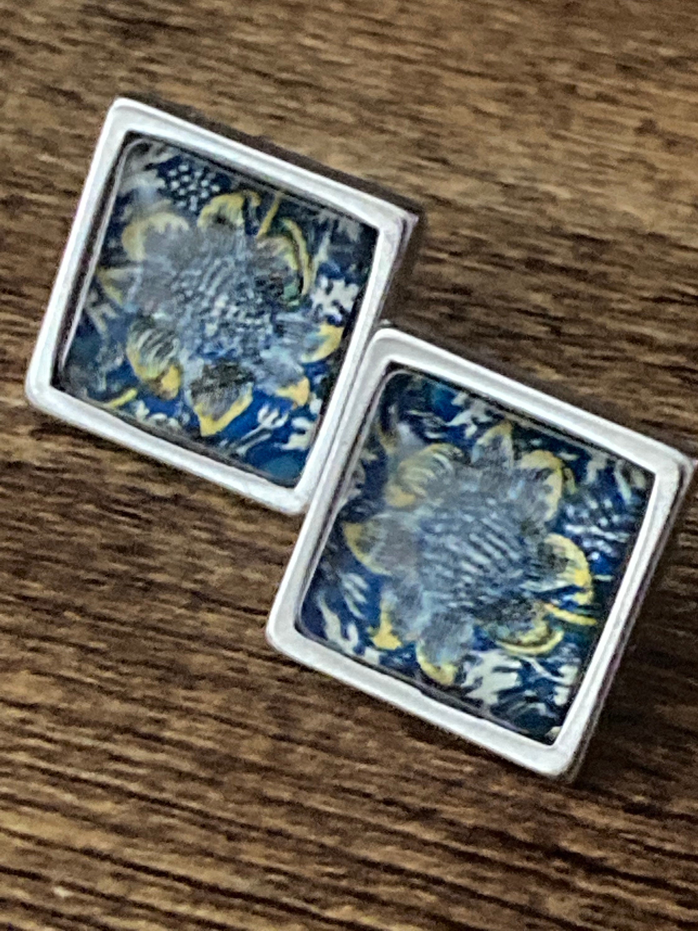 William Morris print glass stud earrings handmade sunflower stainless steel 1.5cm square