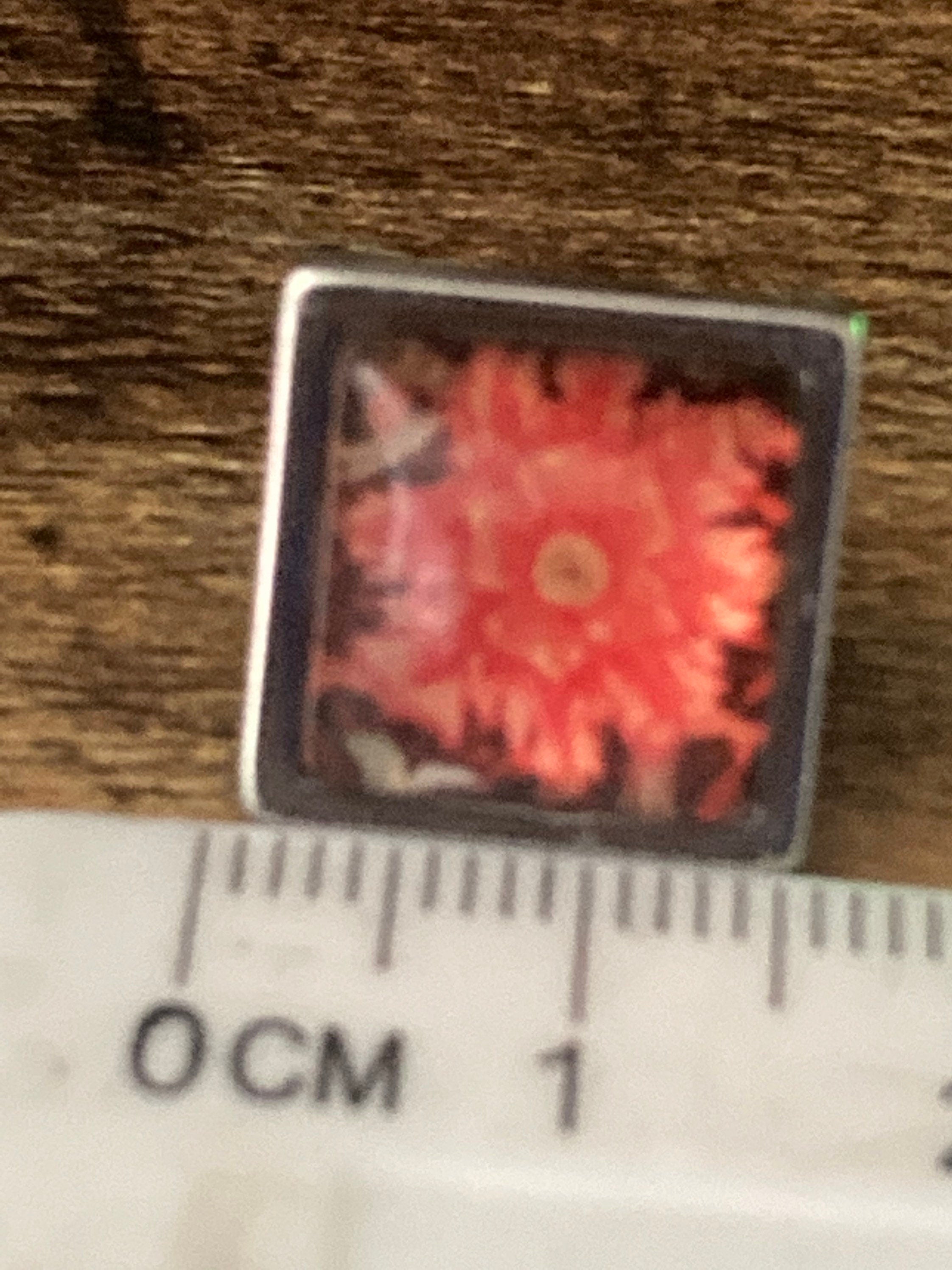 William Morris print glass stud cabochon earrings orange stainless steel 1.5cm square