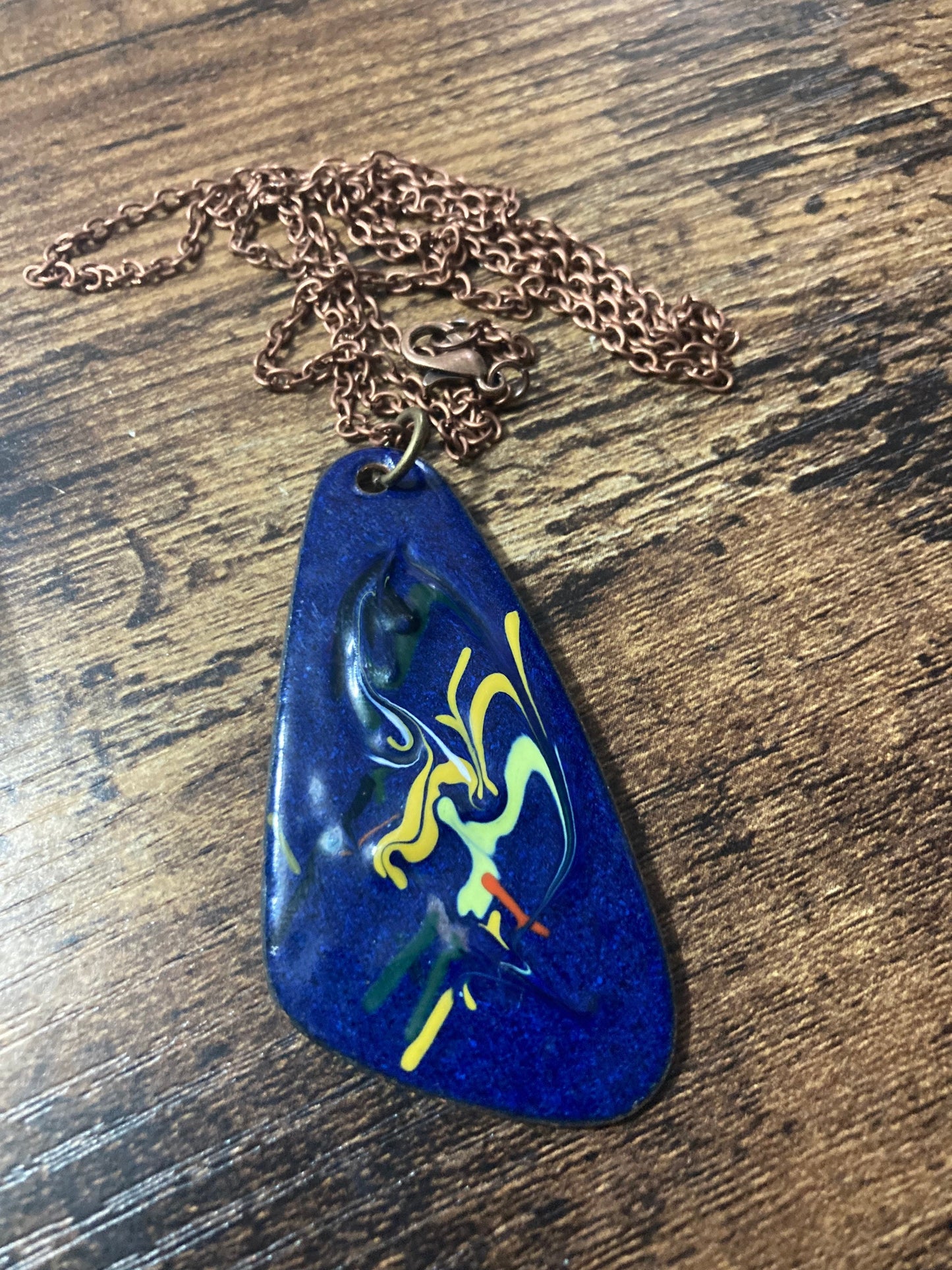 1970s original copper BLUE coloured enamel pendant on a new copper tone long 68cm / 27” chain with lobster clasp 6cm pendant