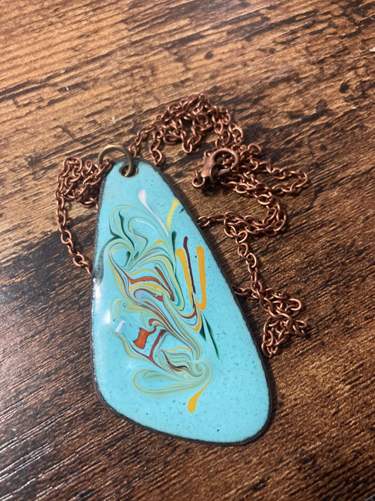 1970s original copper turquoise BLUE coloured enamel pendant on a new copper tone long 68cm / 27” chain with lobster clasp 6cm pendant