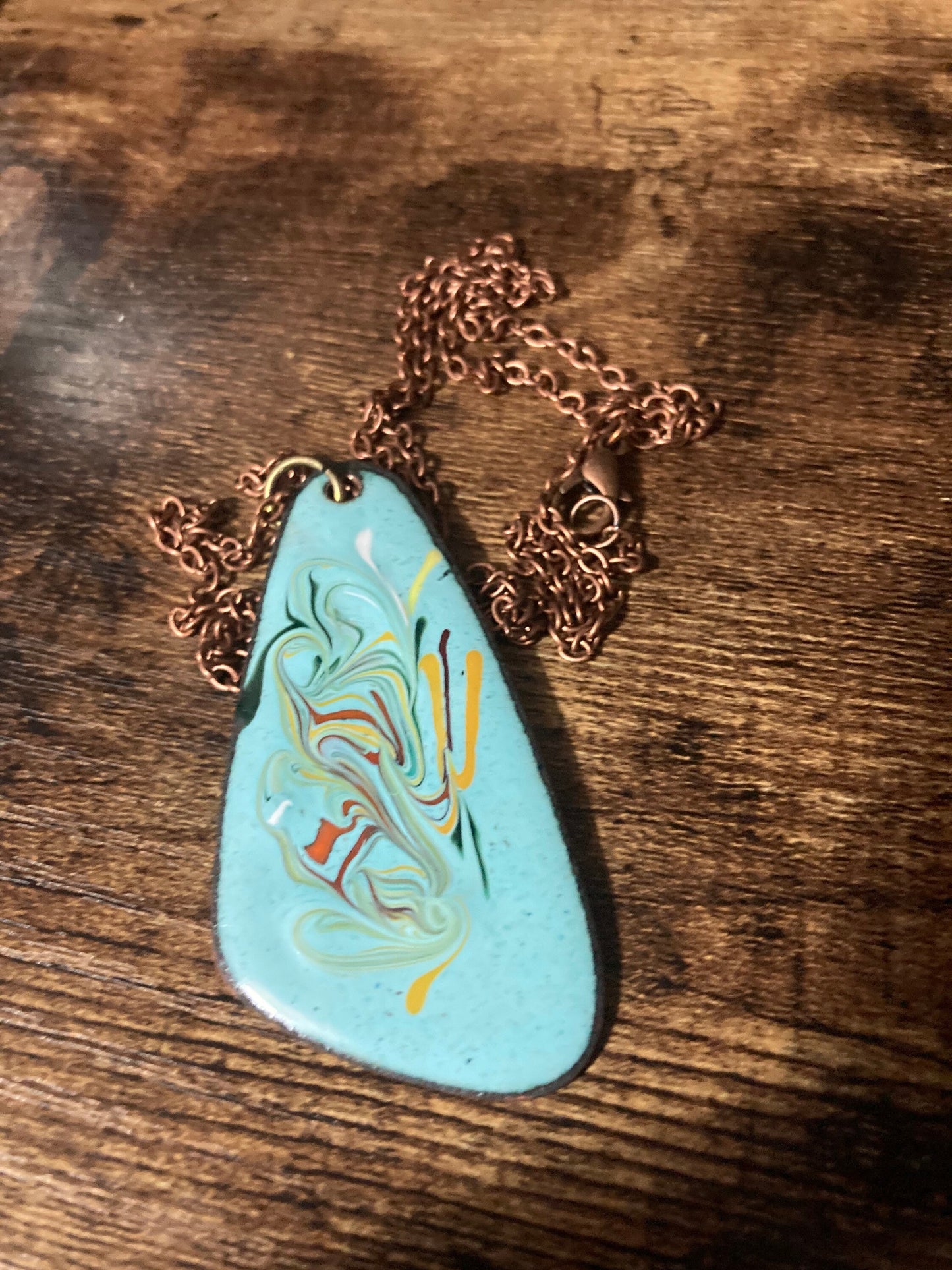 1970s original copper turquoise BLUE coloured enamel pendant on a new copper tone long 68cm / 27” chain with lobster clasp 6cm pendant