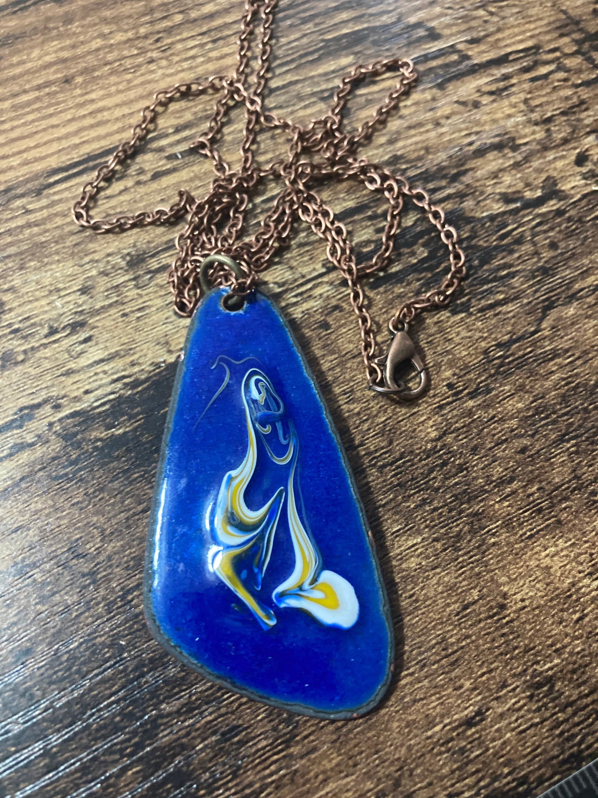 1970s original copper BLUE coloured enamel pendant on a new copper tone long 68cm / 27” chain with lobster clasp 6cm pendant