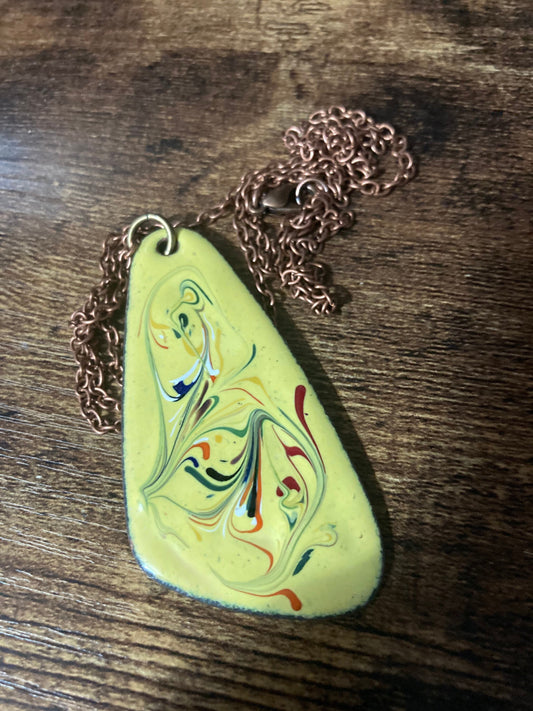 1970s original copper YELLOW coloured enamel pendant on a new copper tone long 68cm / 27” chain with lobster clasp 6cm pendant