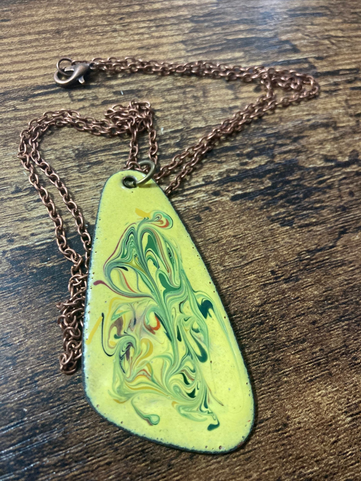 1970s original copper YELLOW coloured enamel pendant on a new copper tone long 68cm / 27” chain with lobster clasp 6cm pendant