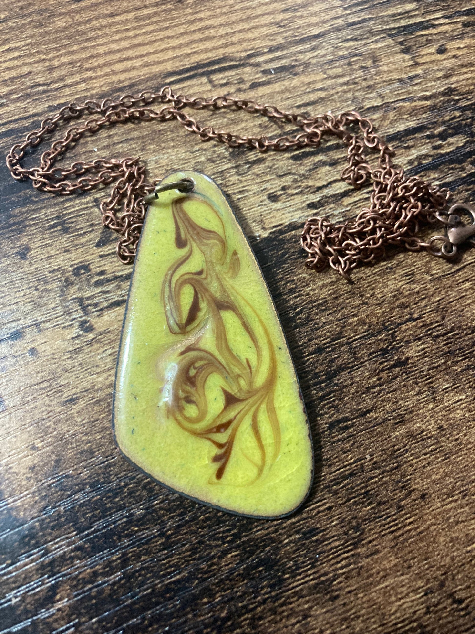 1970s original copper YELLOW coloured enamel pendant on a new long 68cm / 27” chain with lobster clasp 6cm pendant