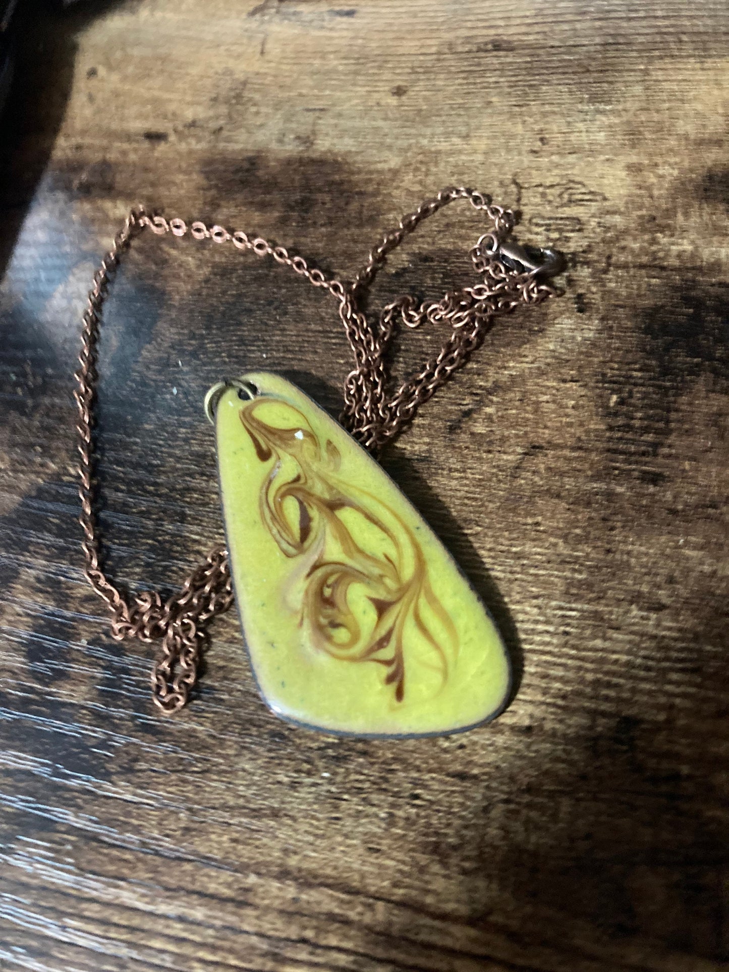 1970s original copper YELLOW coloured enamel pendant on a new long 68cm / 27” chain with lobster clasp 6cm pendant