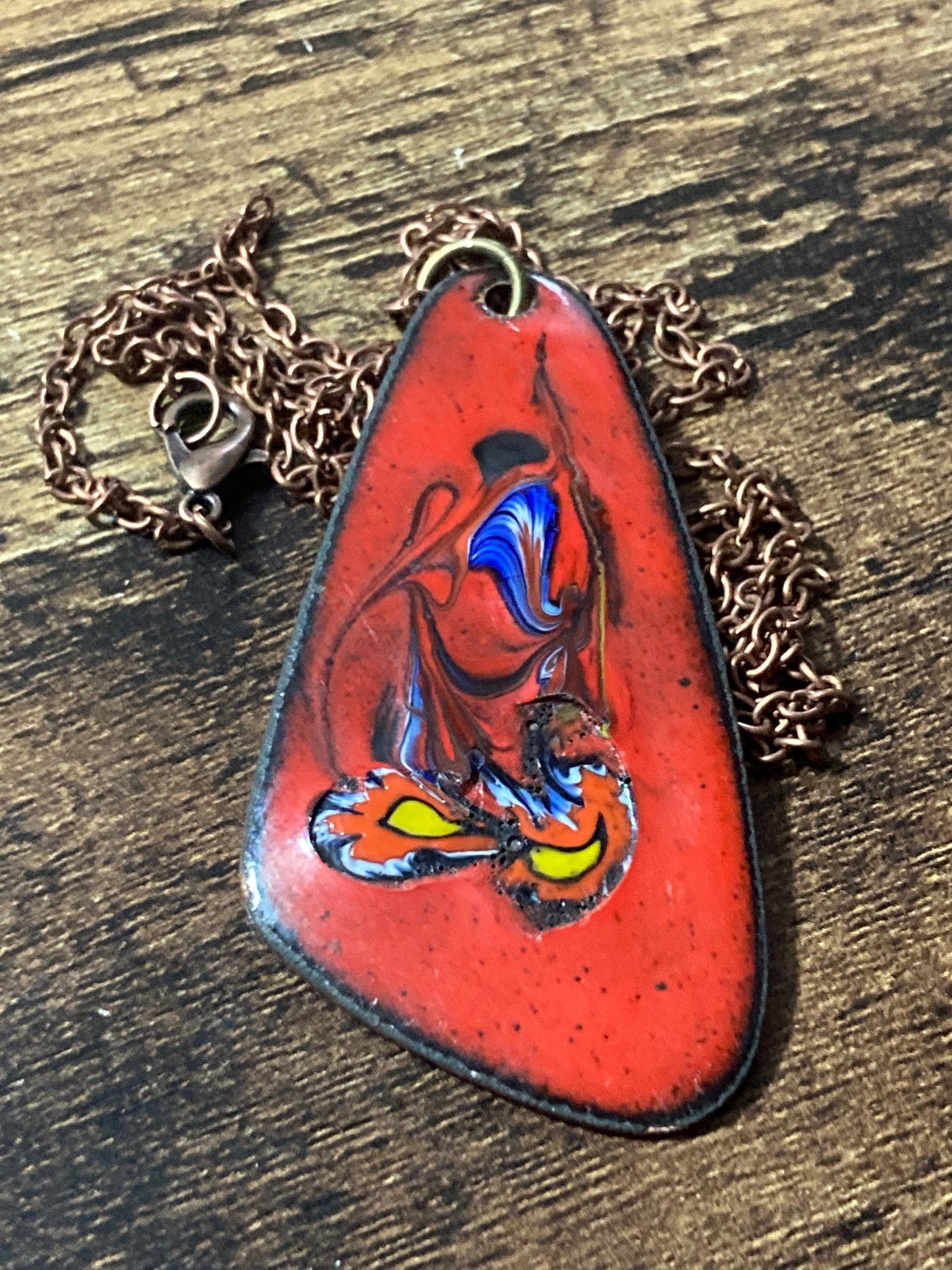 1970s original copper Bright RED coloured enamel pendant on a new copper tone long 68cm / 27” chain with lobster clasp 6cm pendant