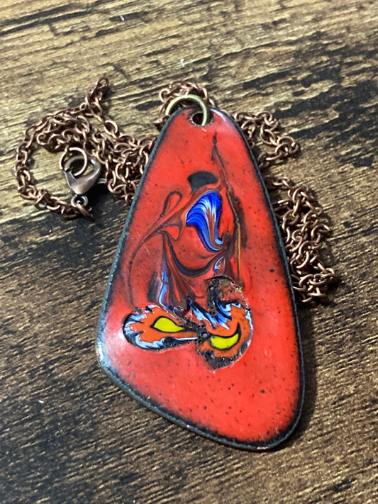 1970s original copper Bright RED coloured enamel pendant on a new copper tone long 68cm / 27” chain with lobster clasp 6cm pendant