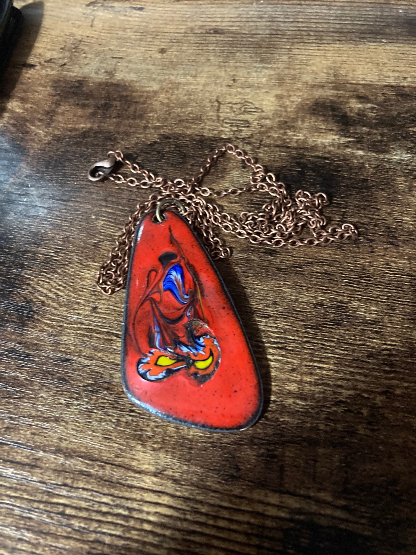 1970s original copper Bright RED coloured enamel pendant on a new copper tone long 68cm / 27” chain with lobster clasp 6cm pendant