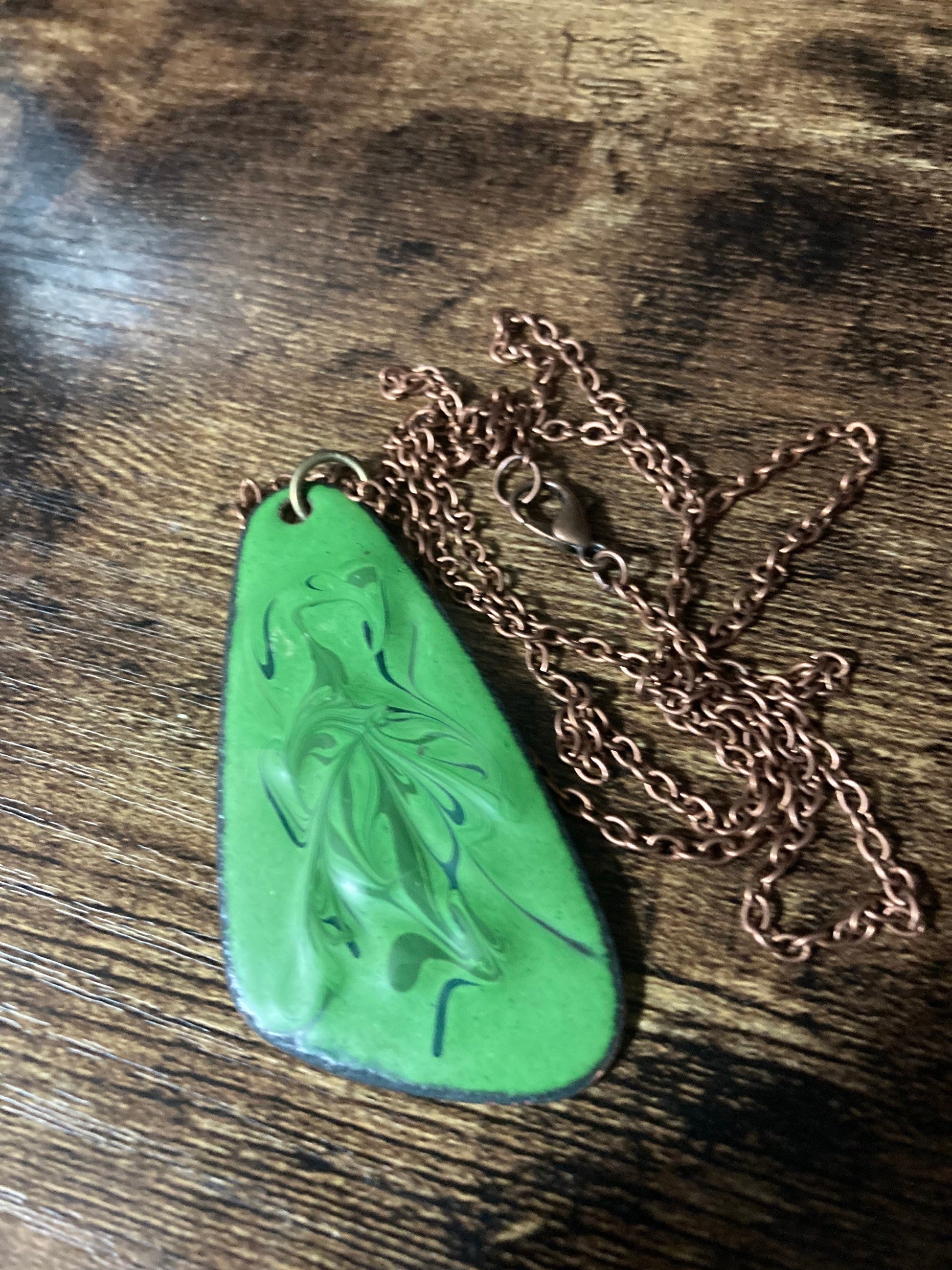 1970s original copper Bright GREEN coloured enamel pendant on a new copper tone long 68cm / 27” chain with lobster clasp 6cm pendant