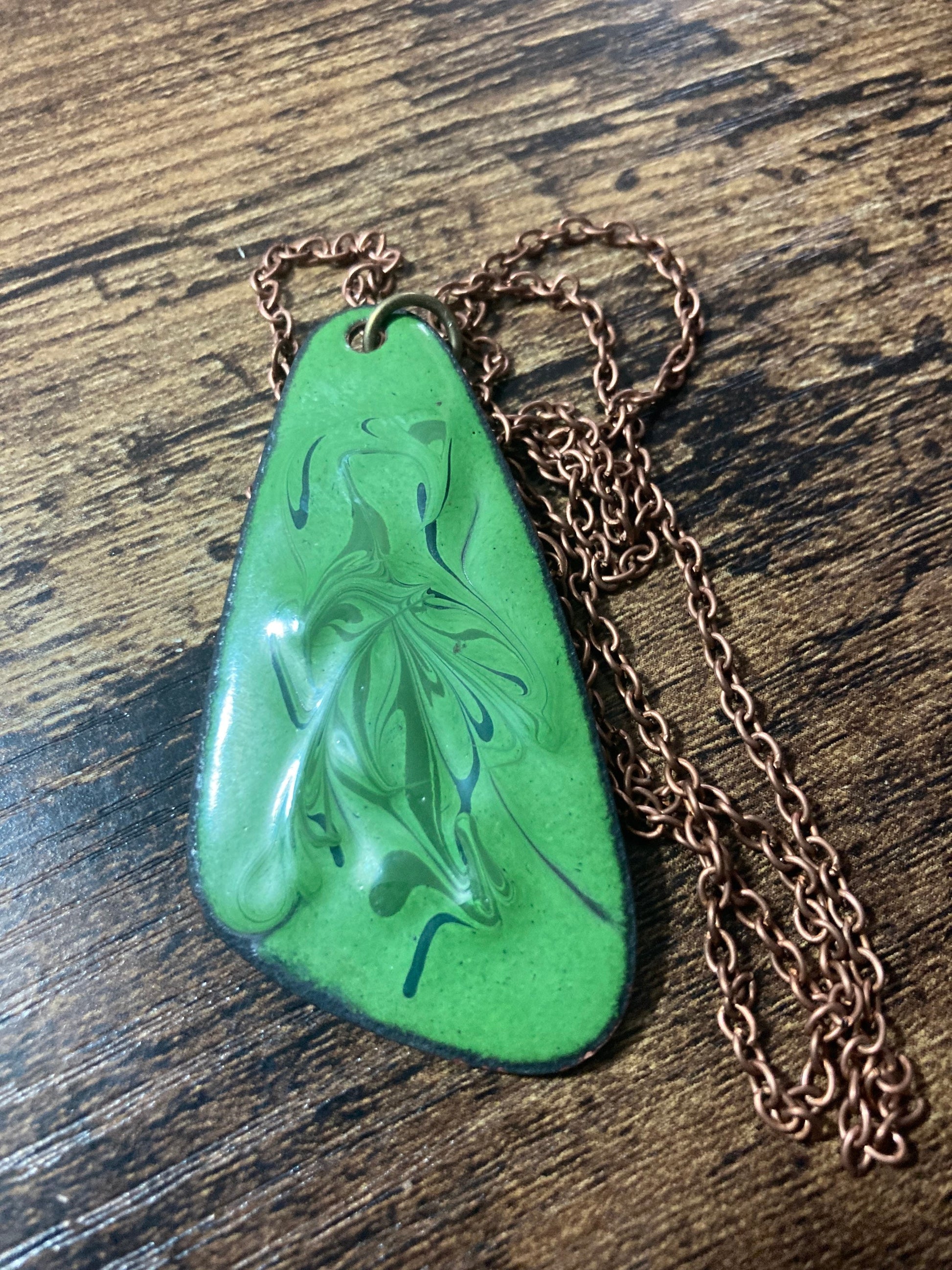 1970s original copper Bright GREEN coloured enamel pendant on a new copper tone long 68cm / 27” chain with lobster clasp 6cm pendant