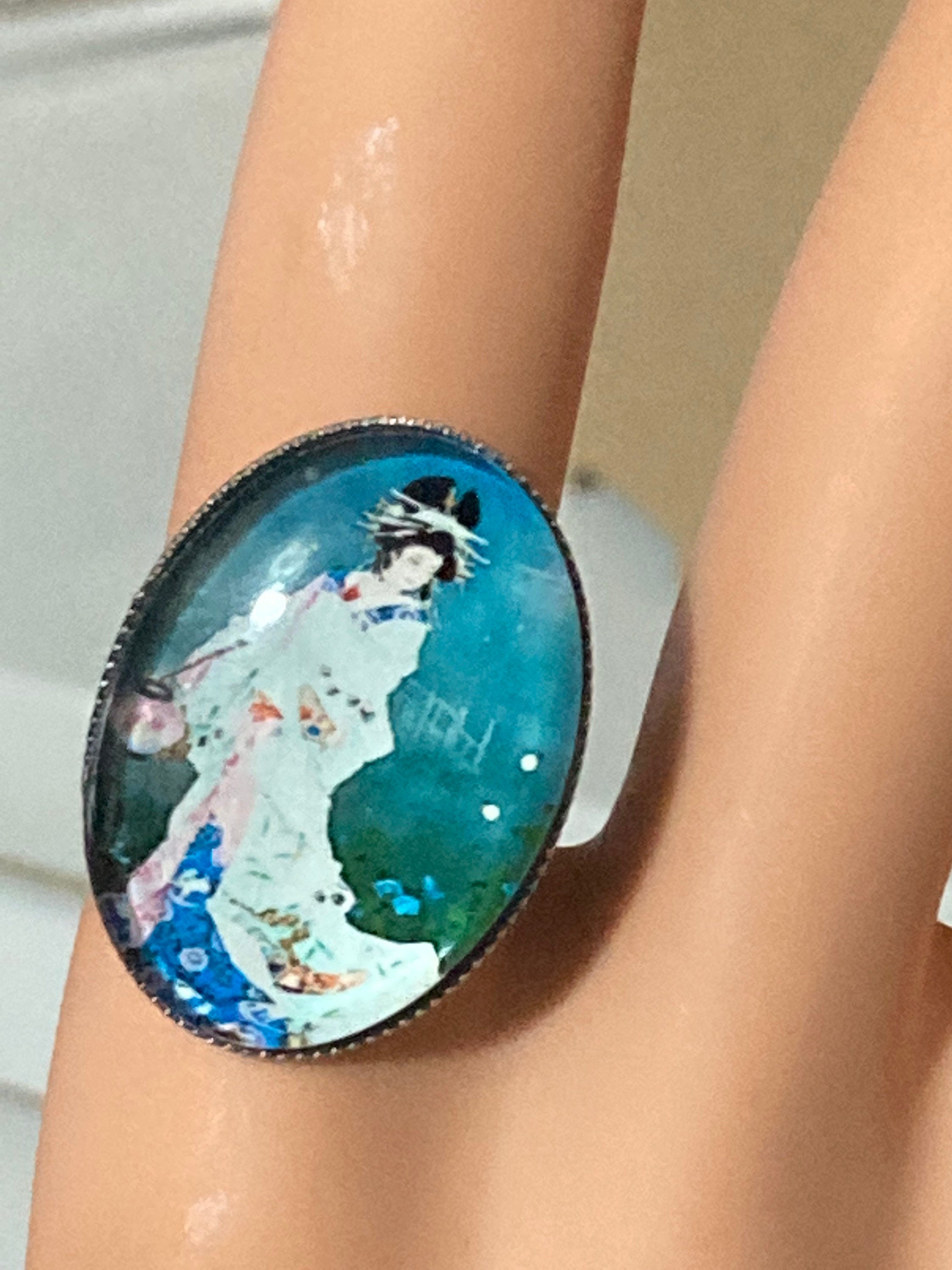 Japanese geisha girl ring adjustable fit blue