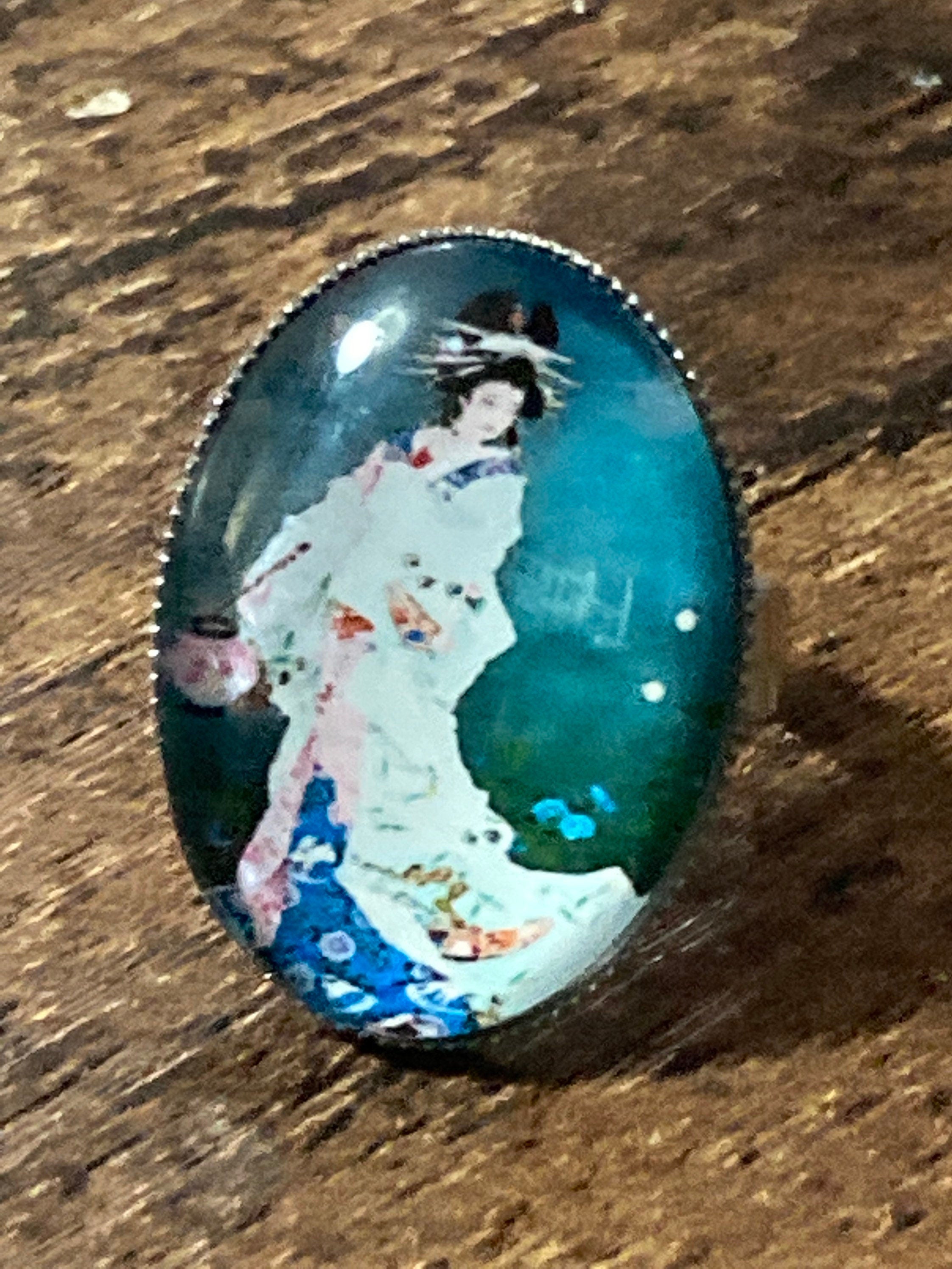 Japanese geisha girl ring adjustable fit blue