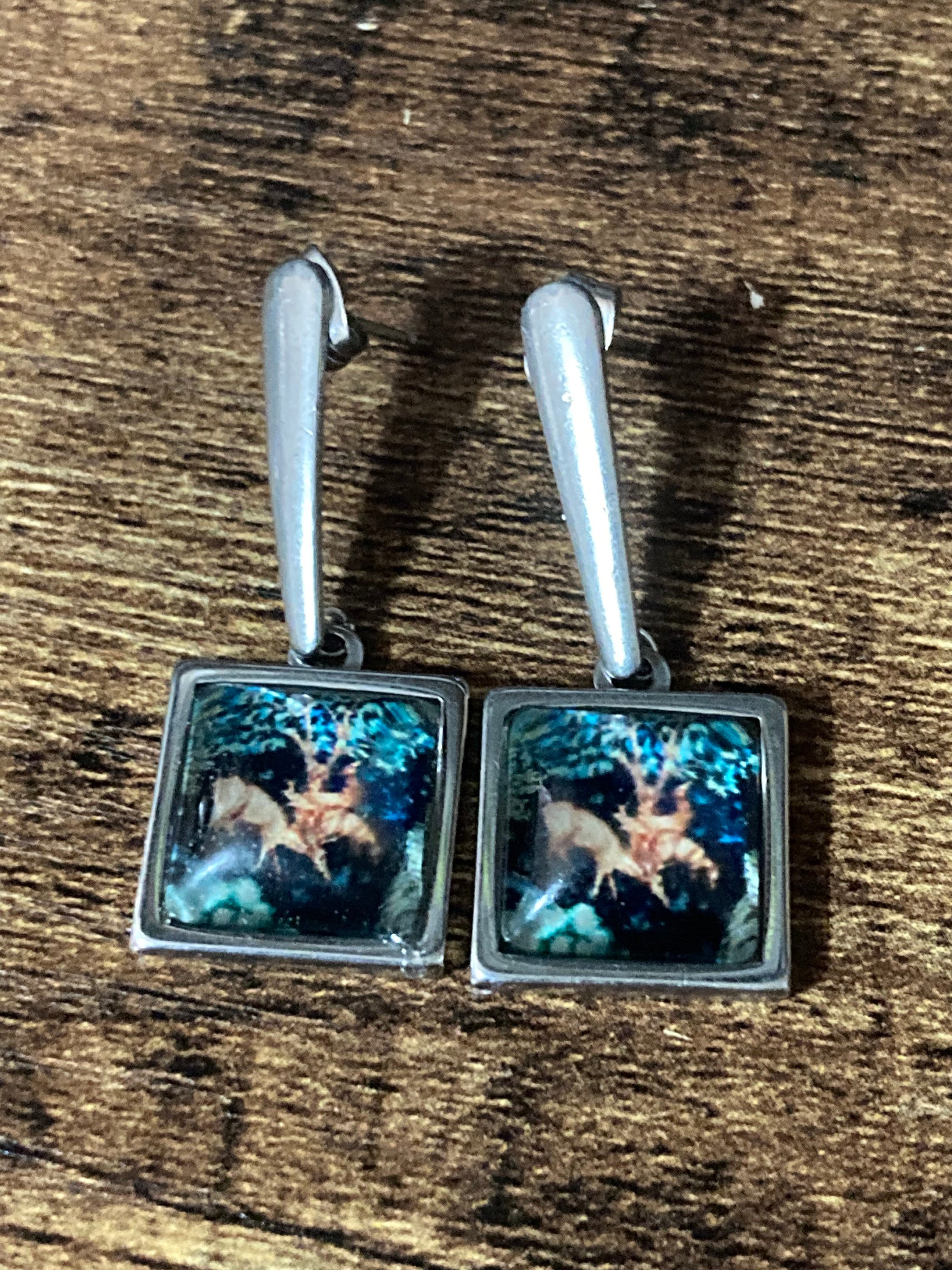 William Morris print earrings square glass cabochon drops