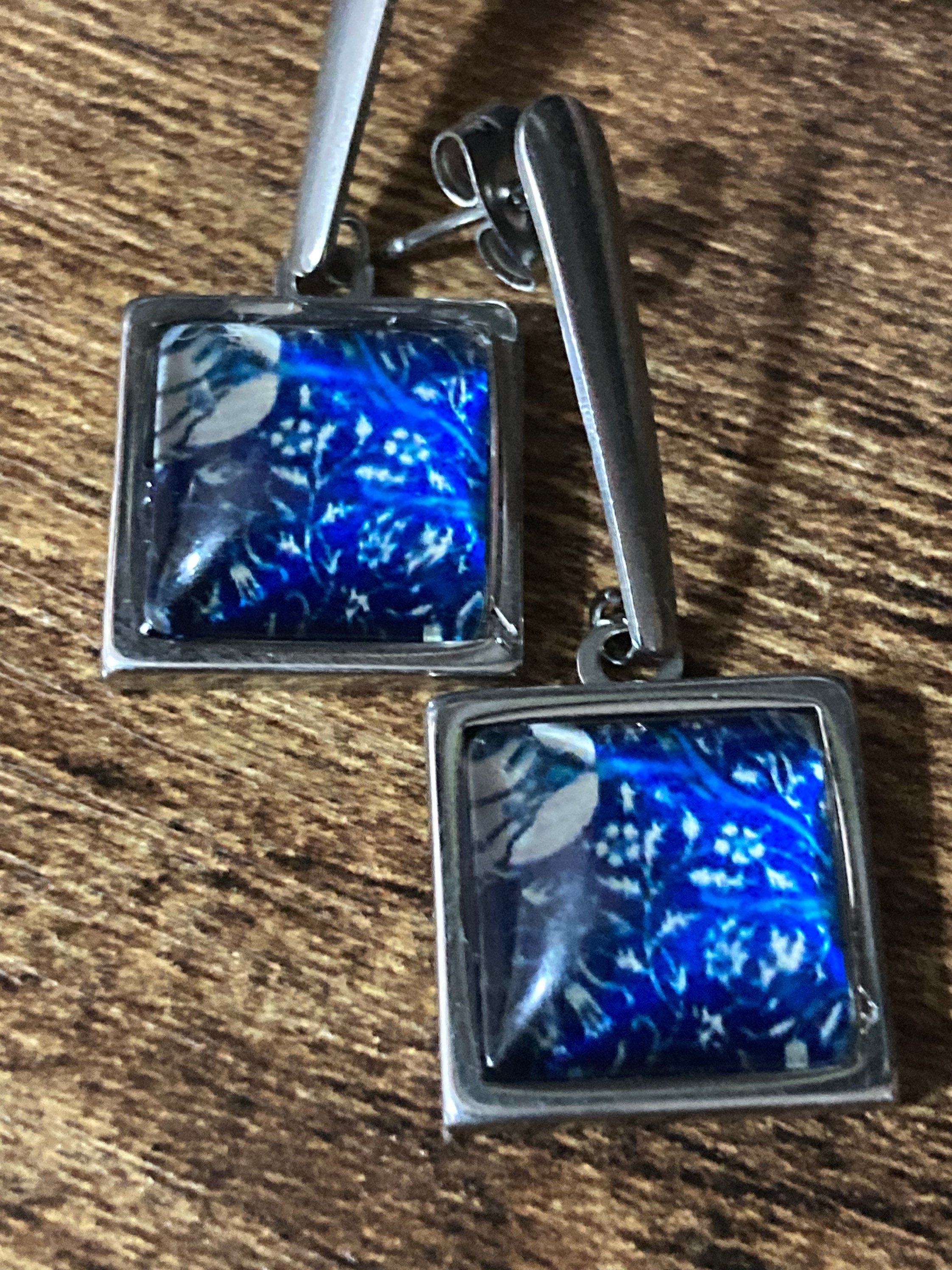 William Morris print earrings square glass cabochon drops blue