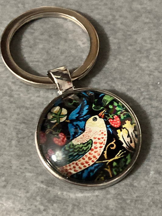 William Morris strawberry thief glass keyring silver tone