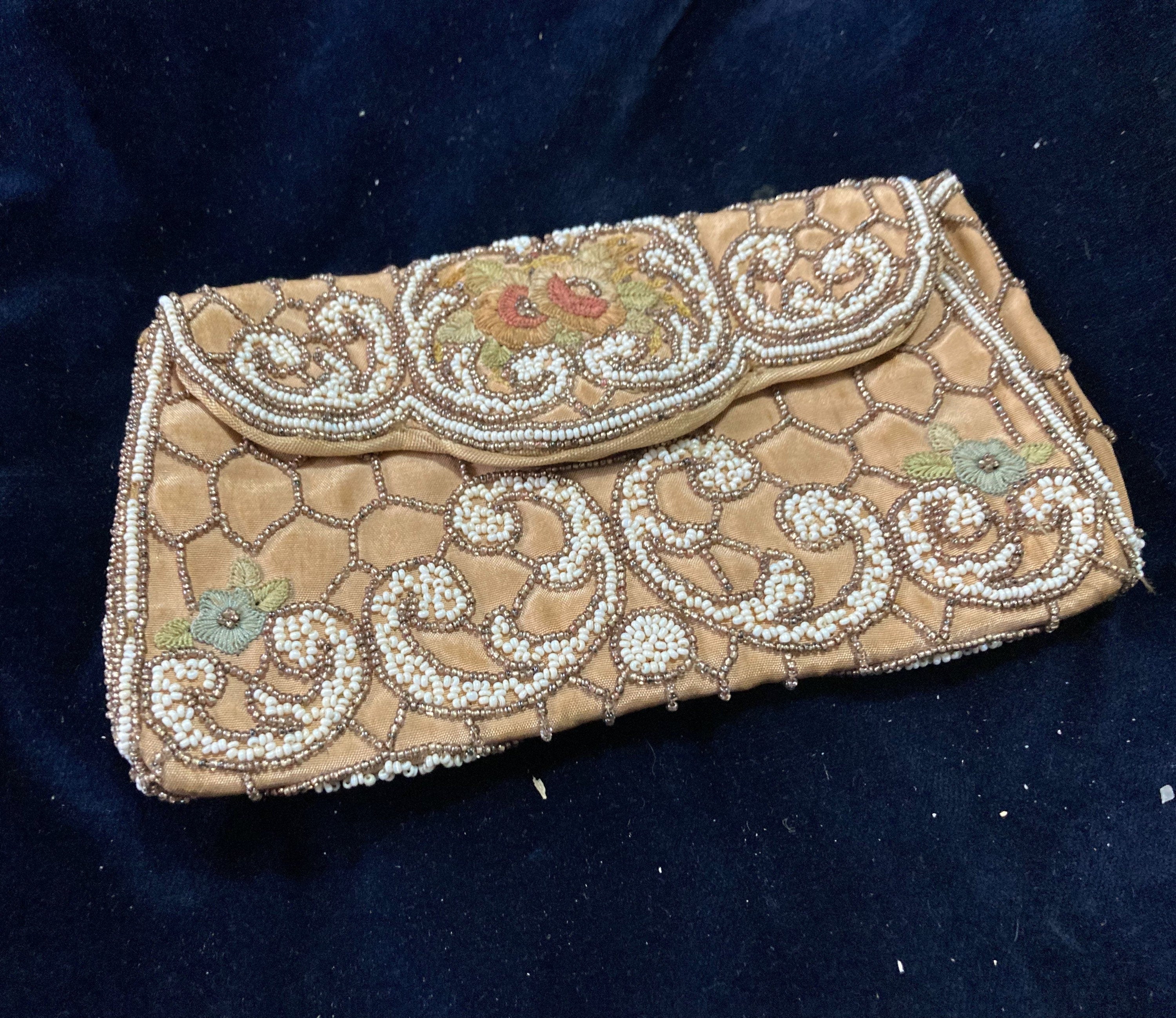 Antique French cream white micro beaded evening purse belgian