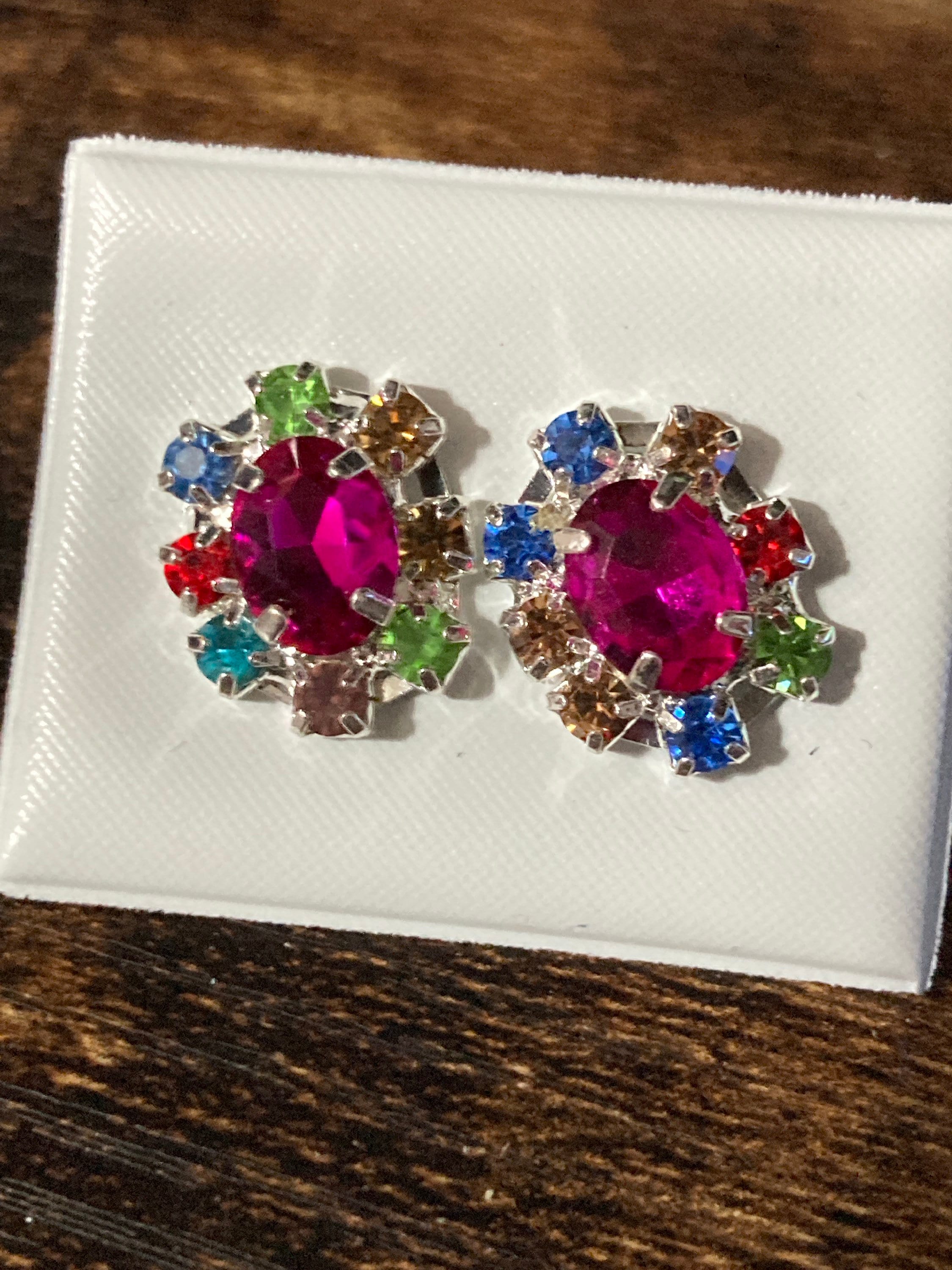 Retro diamanté earrings rhinestone bright hot pink and rainbow glass silver plated stud