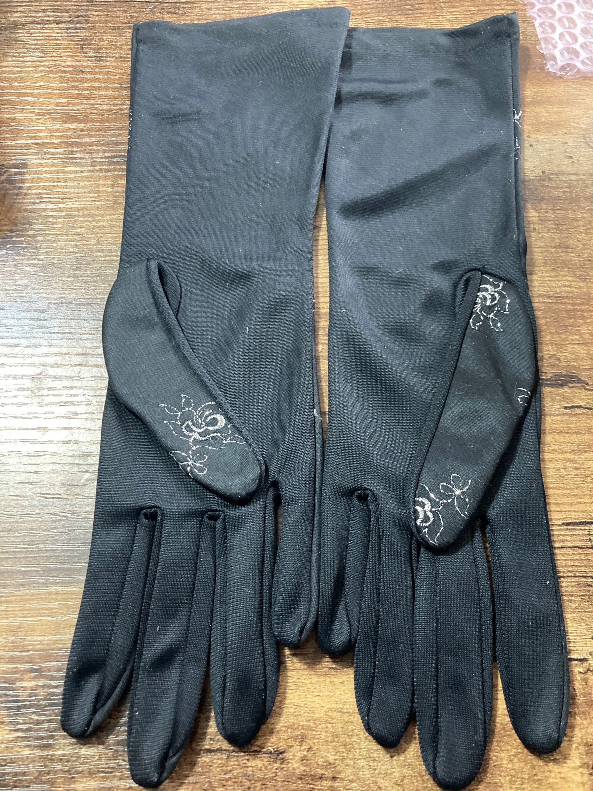 Stunning size 6.5 small medium mid century black silver thread work 33cm length cocktail formal evening gloves