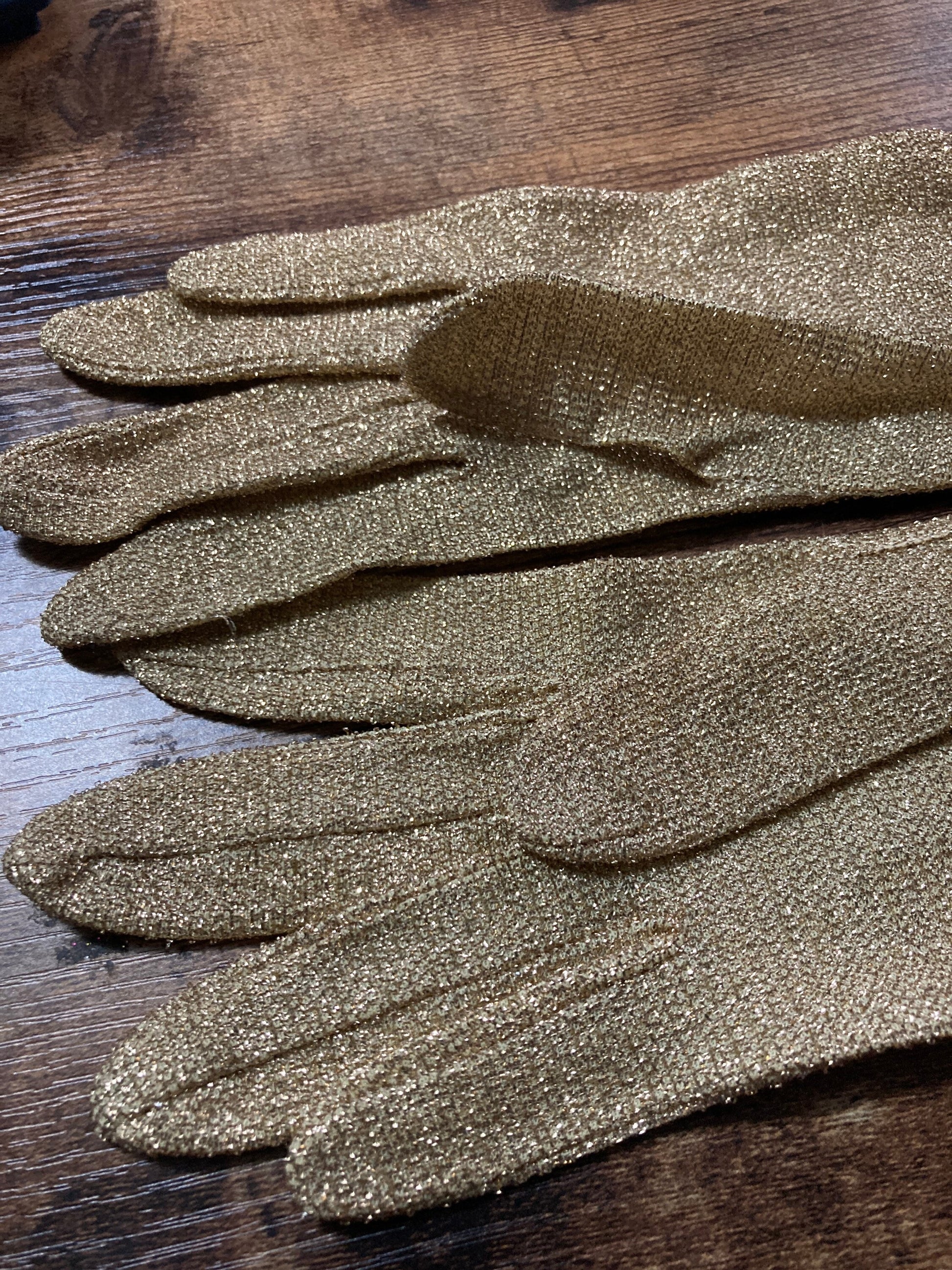 Signed FOWNES size 6.5 small true vintage bright gold lurex metallic cocktail gloves 38cm mid arm