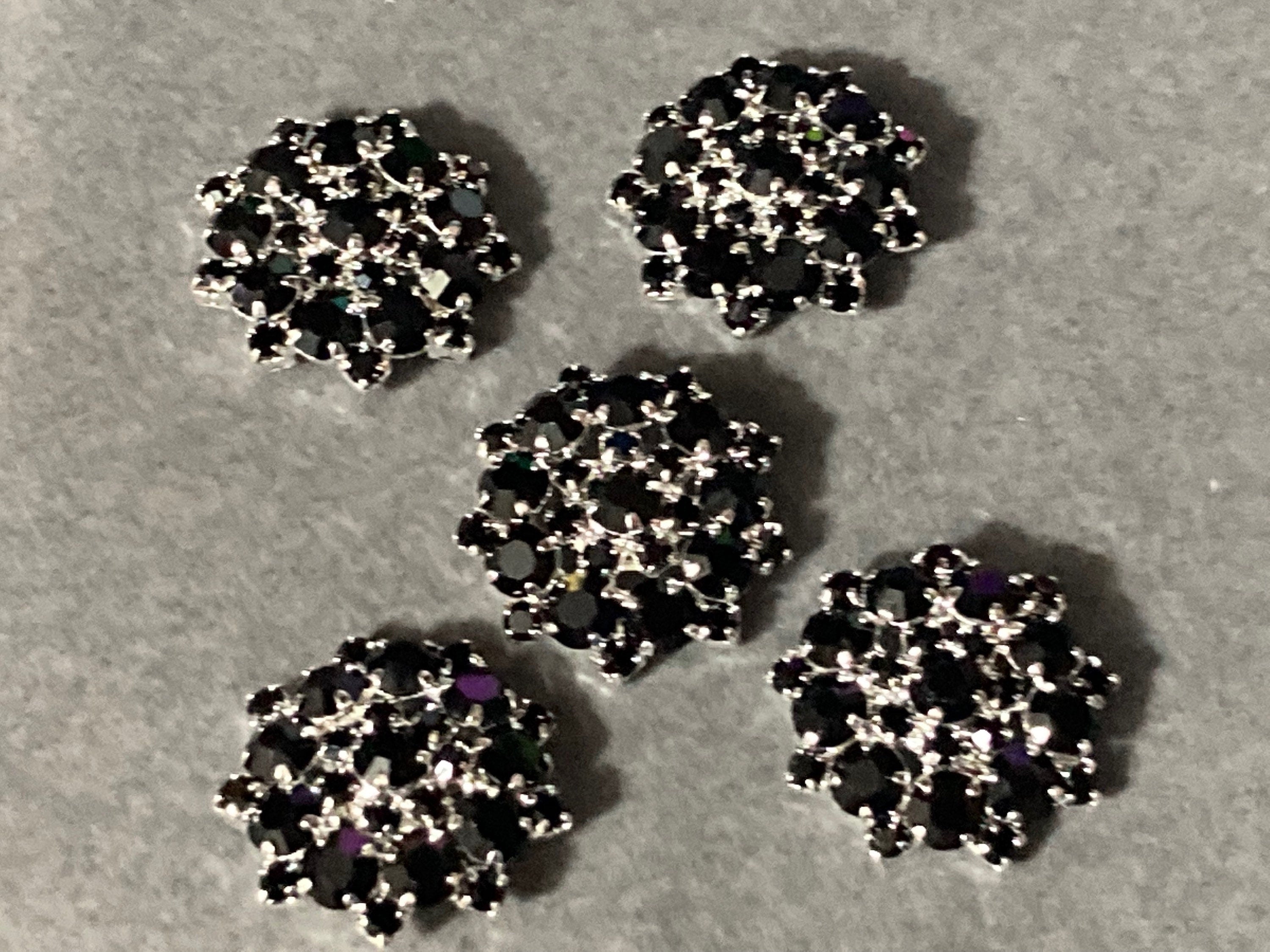 22mm black glass crystal paste  buttons, silver tone metal shank Pack of 5